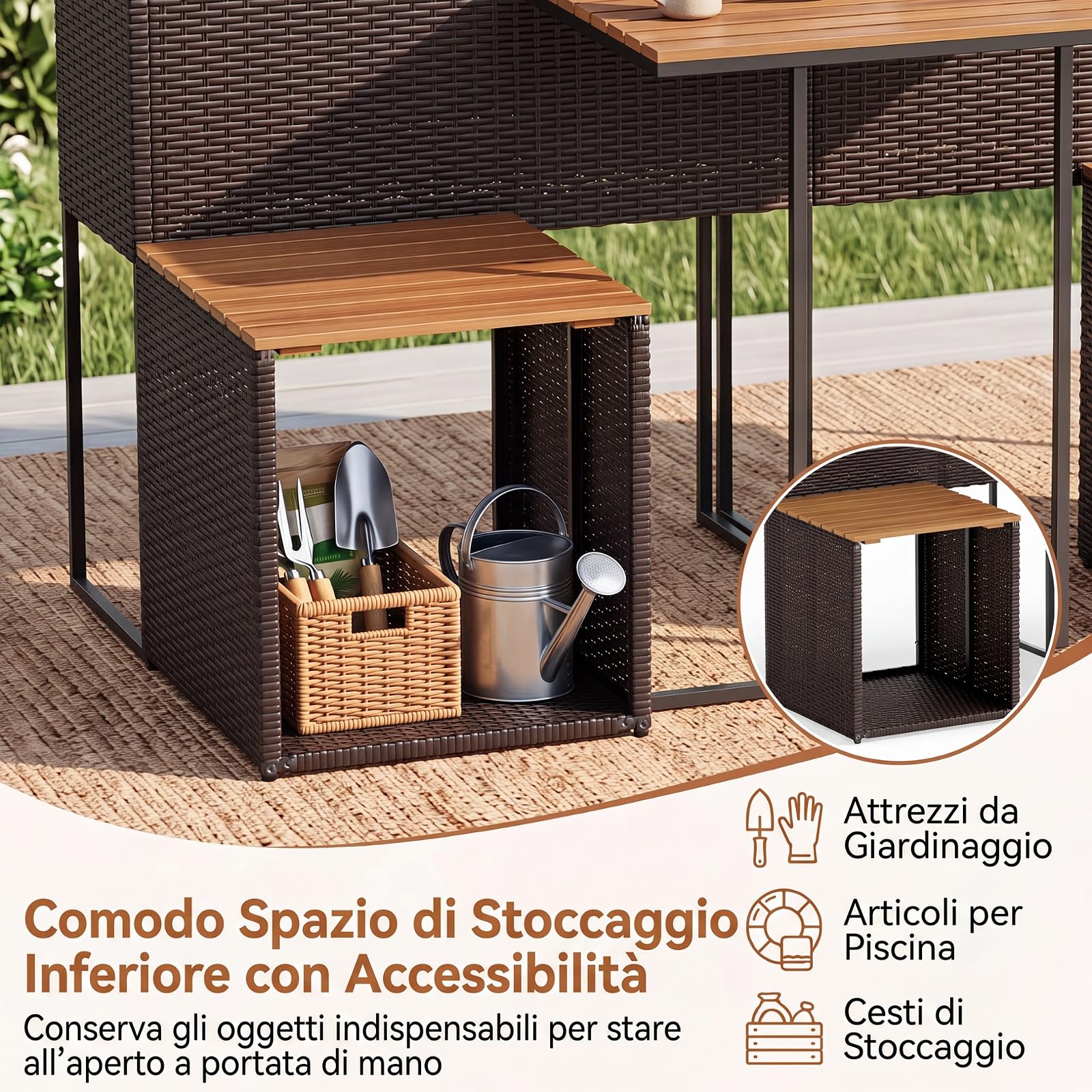 SOARS Salotto da Giardino Esterno con Tavolino, 2 Sedie, Fioriera (Marrone) | Set Mobili da Giardino in Rattan con Vano Portaoggetti e Fioriera Rialzata per Giardino, Balcone e Bordo Piscina