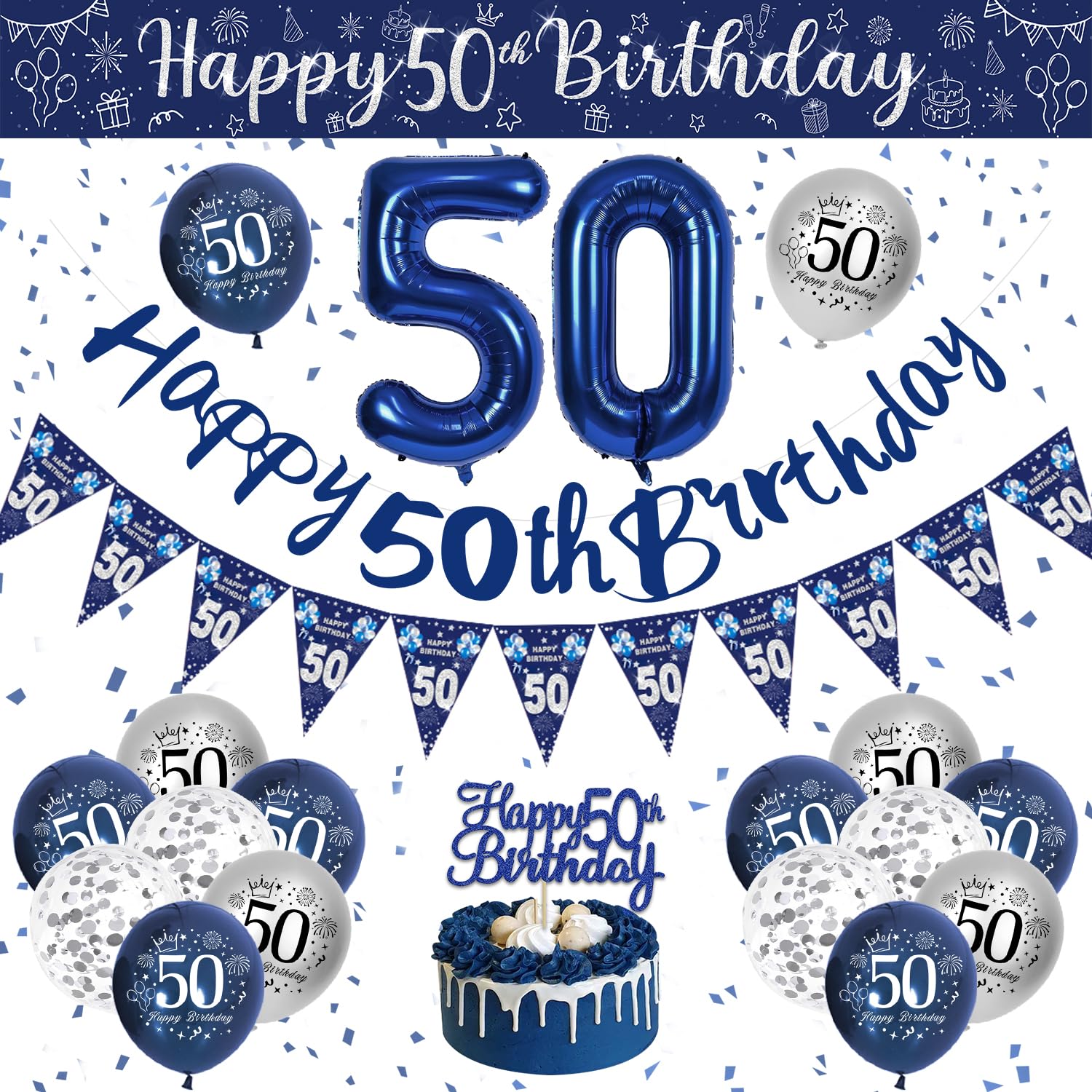 50. Geburtstag Deko Set In Marineblau – Komplettset Mit Ballons, Girlande & Torten-Deko Für Männer & Frauen