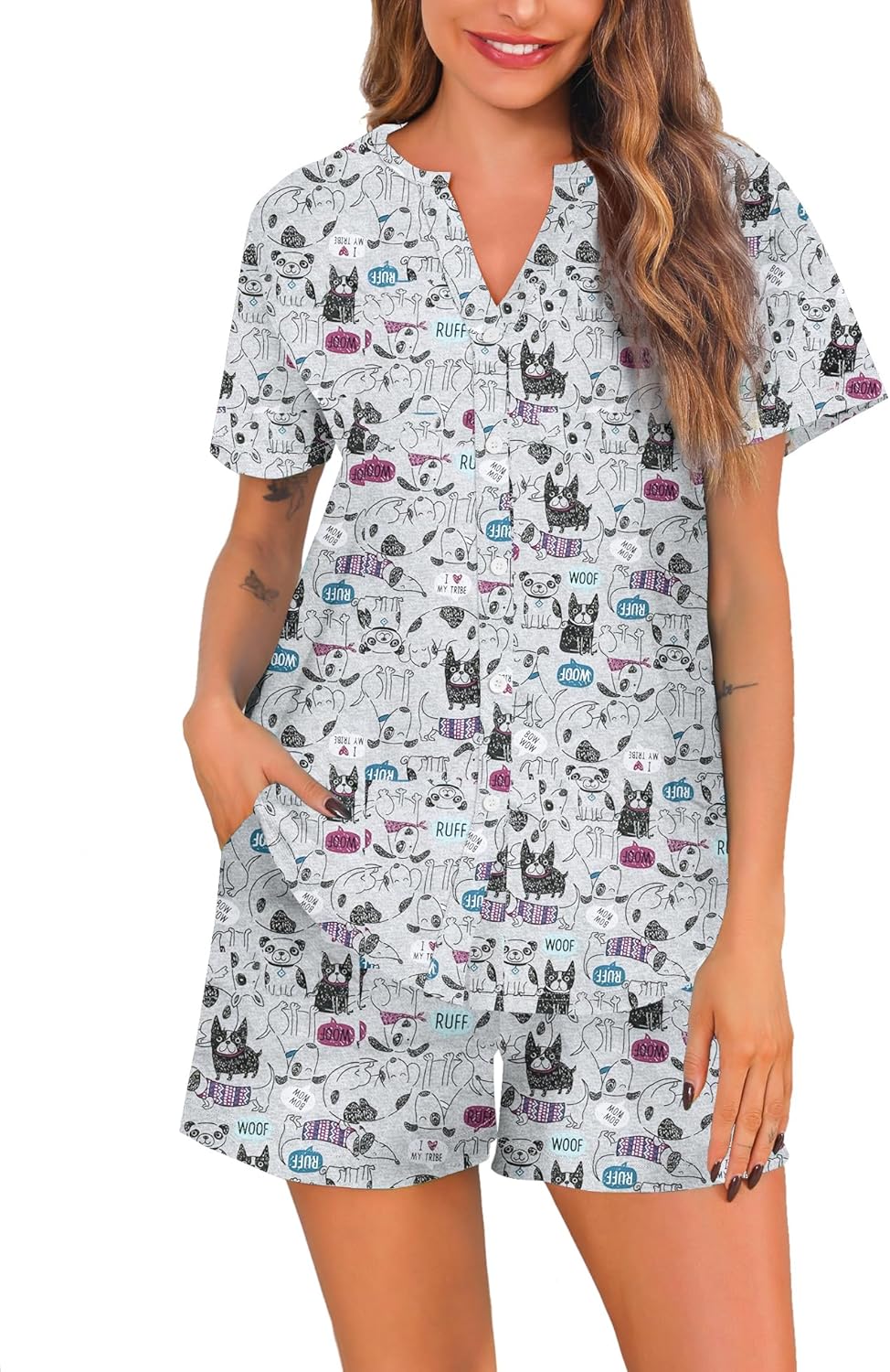 Cotton button-down pajama set with shorts for summer comfort