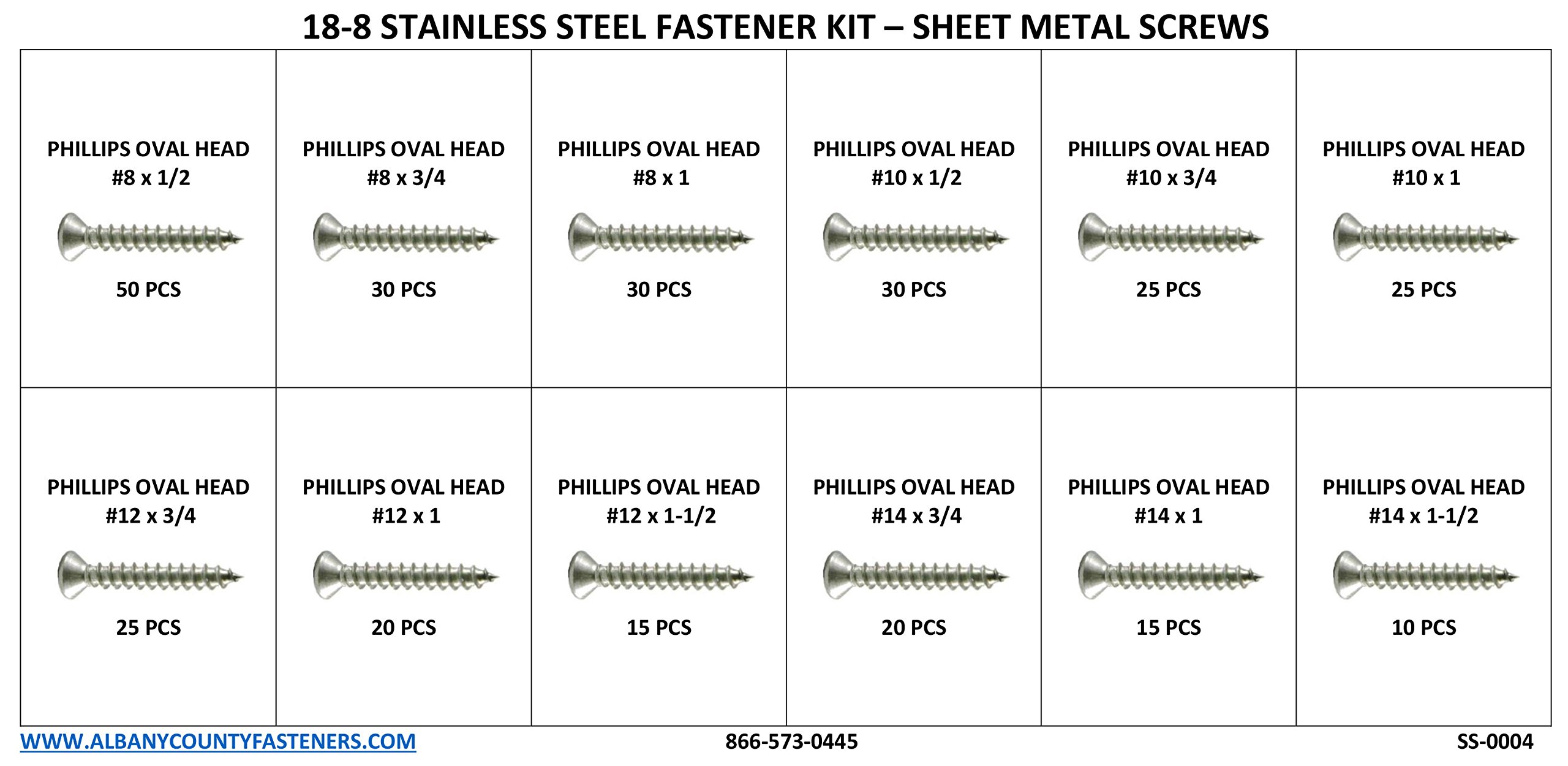 Stainless Steel Phillips Oval Head Sheet Metal Screw Kit - #8 Through #14-296 Pieces