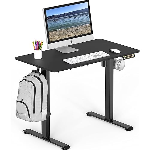 SHW 40 x 22 Inches Electric Height Adjustable Sit to Stand Desk with Hanging Hooks and Cable Management, Black Frame and Black Top