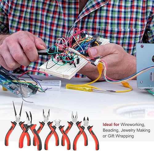 Miniatura 6 de HAUTMEC Juego de 6 alicates pequeños de alto apalancamiento con alicates de punta de aguja pequeña, Linesman, nariz larga, nariz doblada, cortadores