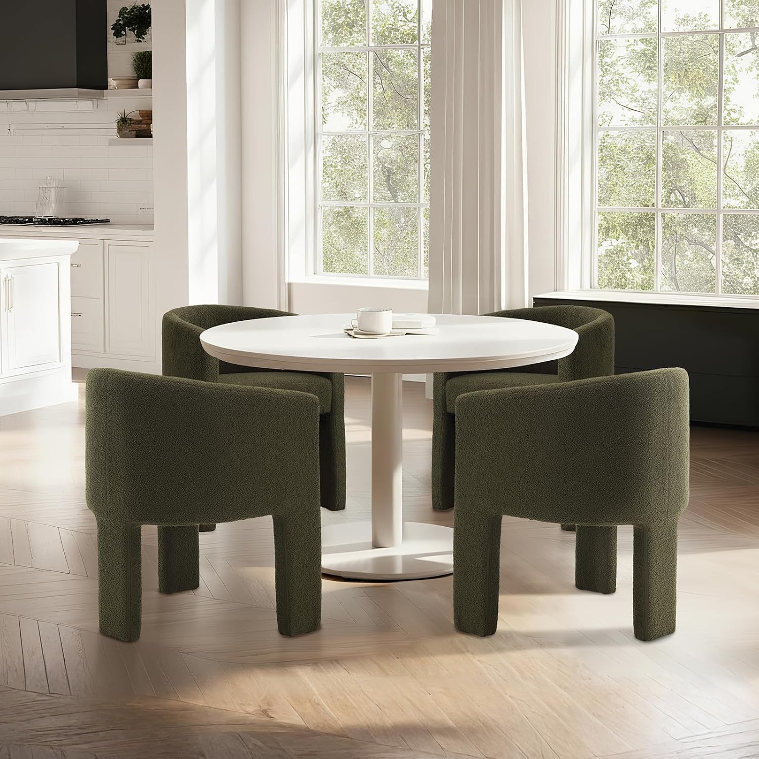 Green Sherpa Chairs Set of 4 Barrel Back, Upholstered Velvet Dining Chairs with Arms for Dining Room, Modern Comfy Side Chair Vanity Chair for Bedroom Living ROM Café No Assembly Needed