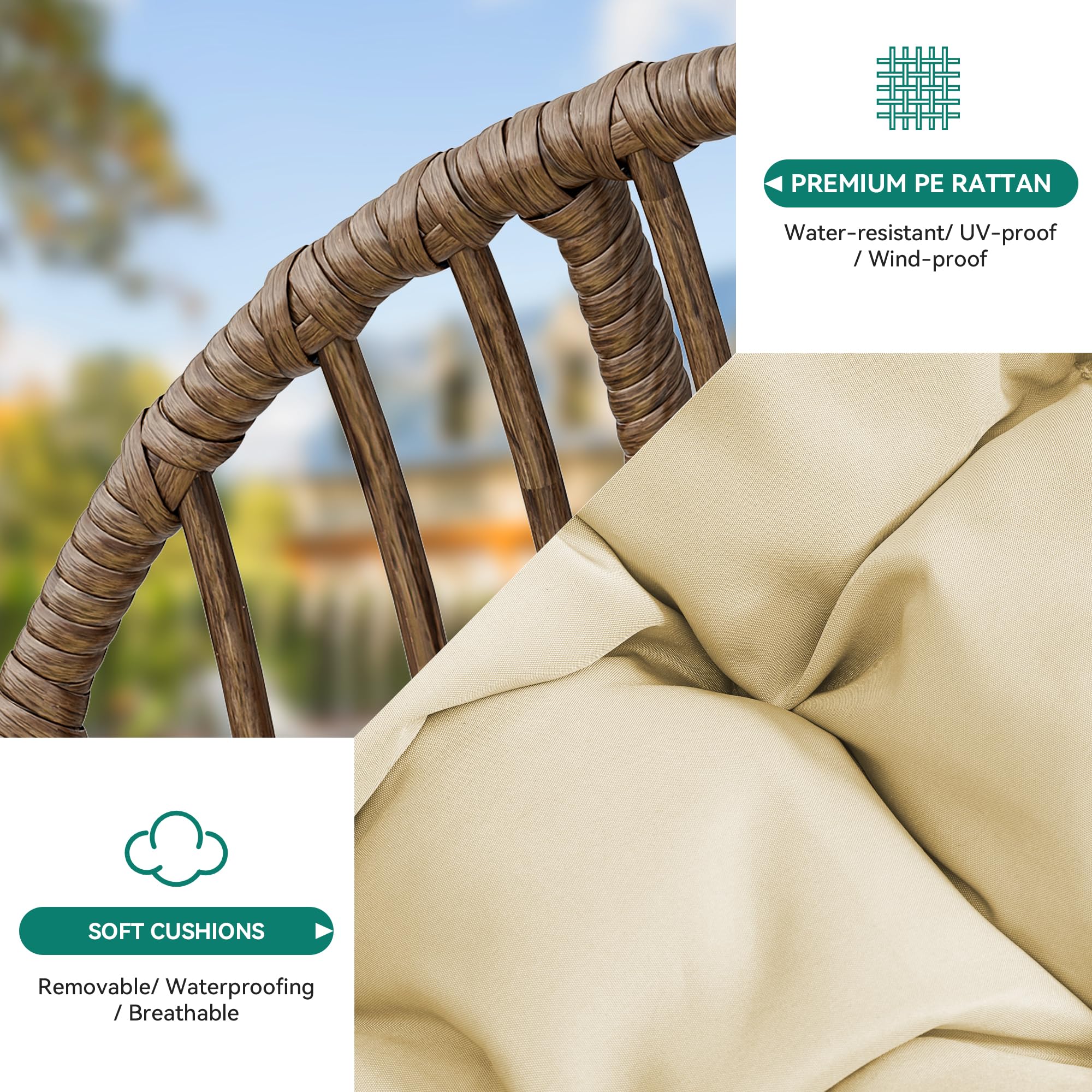 YITAHOME Hängesessel Eierschaukel 150 kg Belastbarkeit, Rattan Schaukelsessel mit Kissen & Getränkehalter, Hängekorbstuhl für Garten, Terrasse, Balkon, Wohnzimmer, Beige