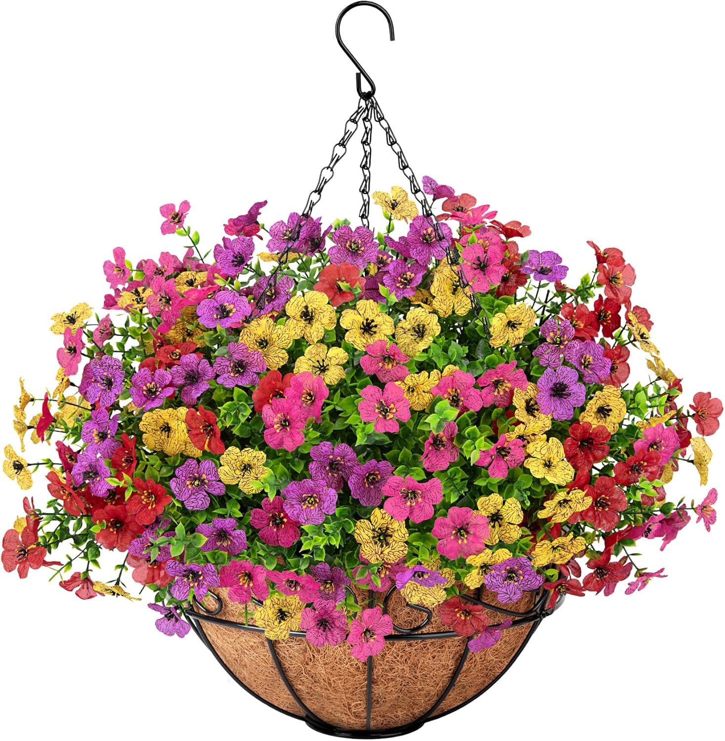 Roberly Artificial Hanging Flowers for Outdoors with Hanging Basket Fake Silk Flowers Plastic Faux Plants UV Resistant for Spring Summer Front Porch Porch Patio Garden Home Decor, Mixed Color