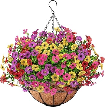 Roberly Artificial Hanging Flowers for Outdoors with Hanging Basket Fake Silk Flowers Plastic Faux Plants UV Resistant for Spring Summer Front Porch Porch Patio Garden Home Decor, Mixed Color
