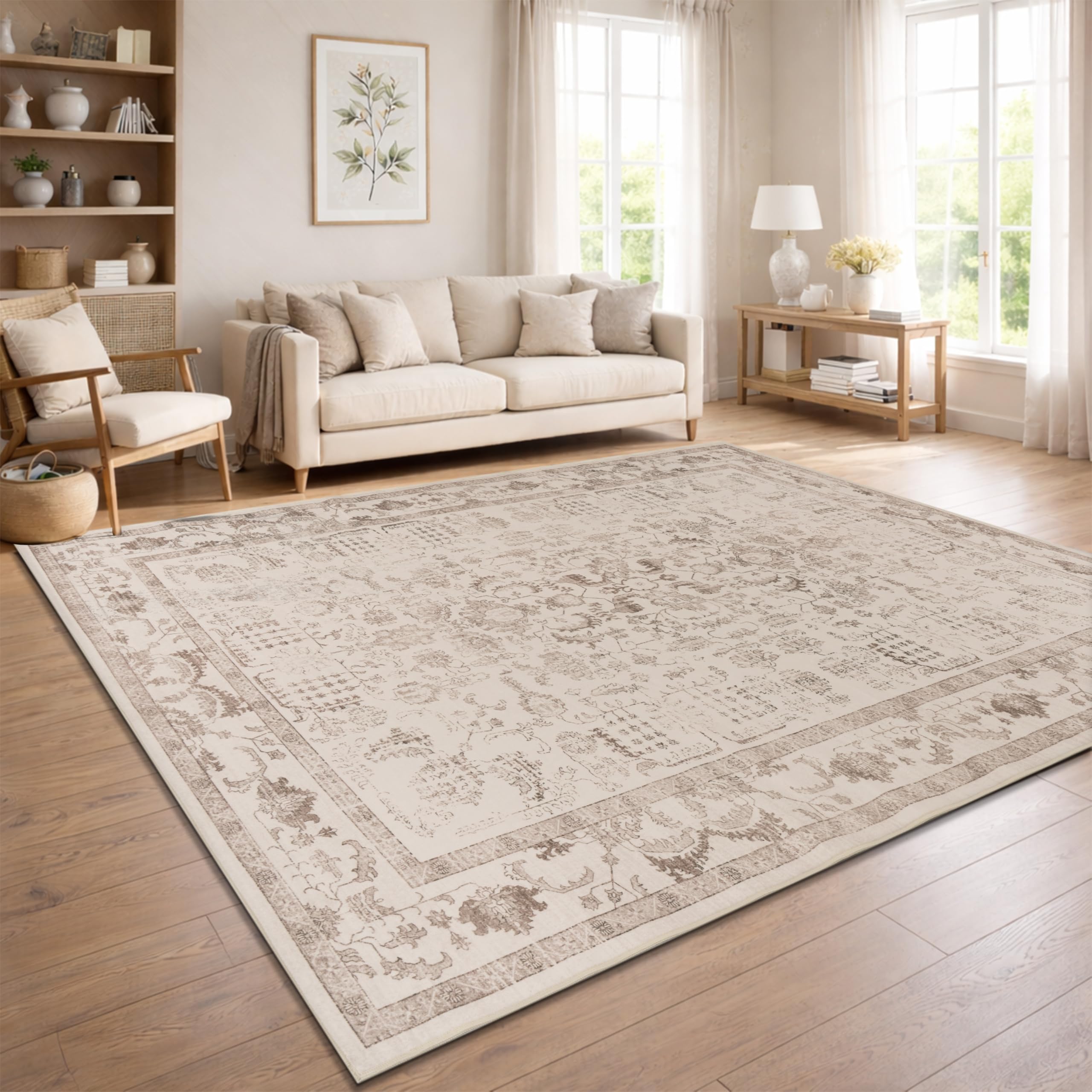 Paco Home Vintage Wohnzimmerteppich Kurzflor Boho Stil Waschbar & rutschfest pflegeleicht modernes Retro Design, Farbe:Beige 4, Größe:240x340 cm