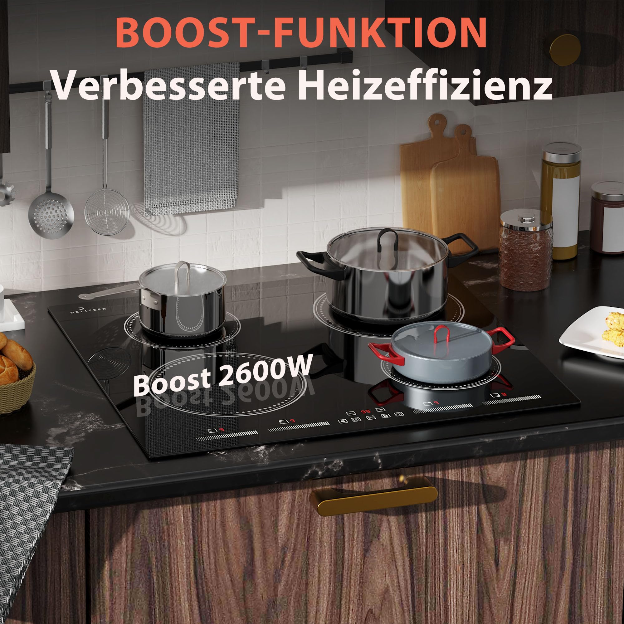 Induktionskochfeld 4 Platten Einbau 60CM mit Individuelle Touch-Steuerung | Autark Kochfeld Induktions 4 Zonen mit Boost-Funktion, 7200W, Kein Stecker, 230V, Schwarz