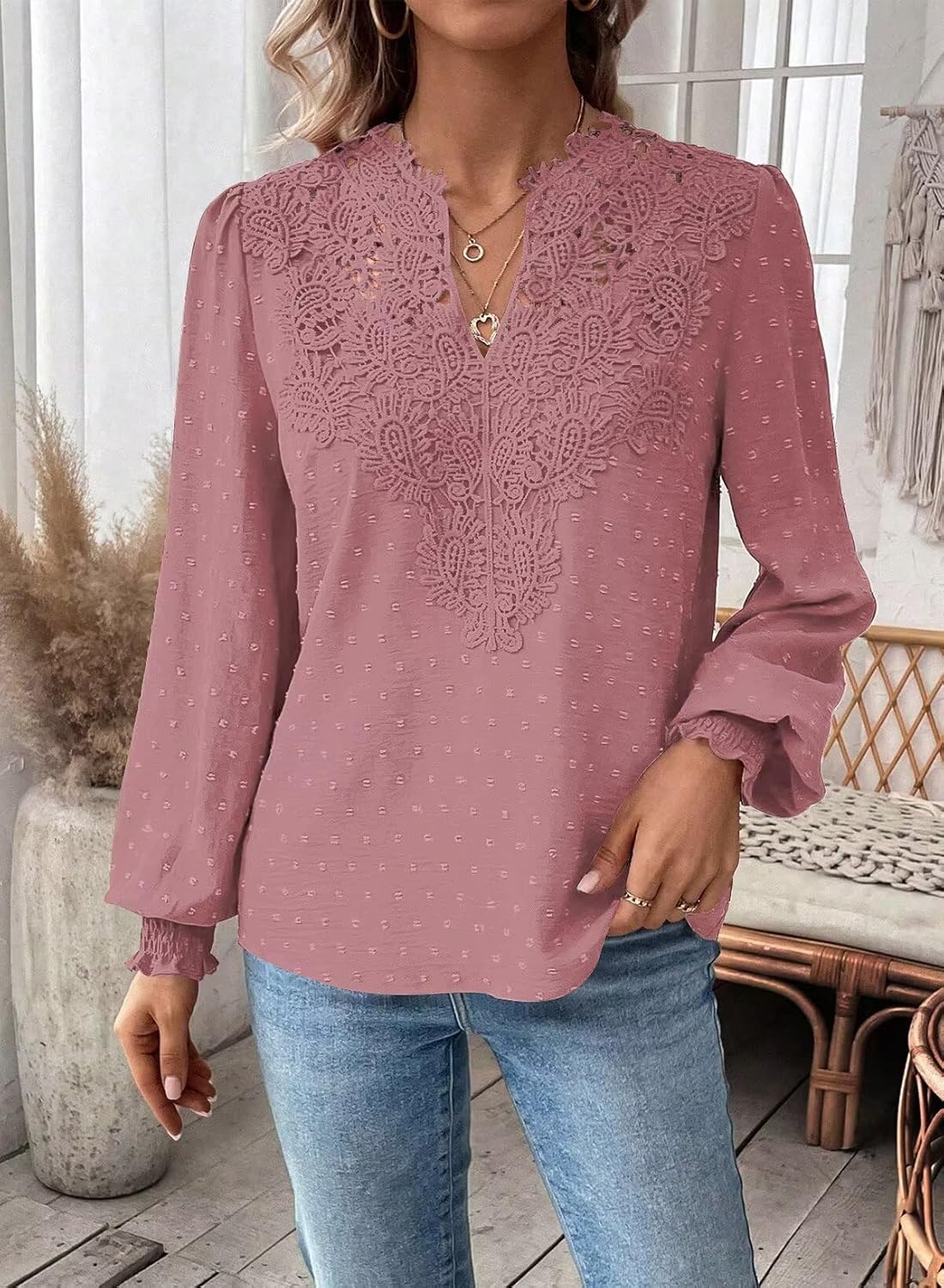 Womens Tops Swiss Dot Boho Long Sleeve Shirts V Neck Casual Chiffon Blouses Flowy Lace Hem Cute Clothing Trendy 2026 - Image 2