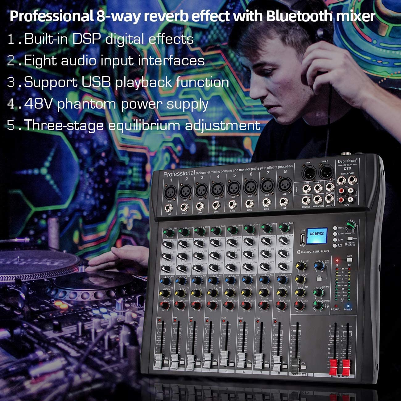 Depusheng DT8 Mixer professionale Scheda audio Console 8 canali Interfaccia sistema scrivania USB digitale Computer Ingresso MP3 Alimentazione Phantom 48V, nero