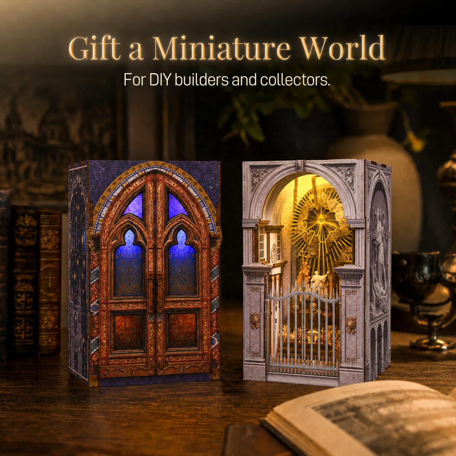 MiniCity 2 PackDIY Miniatur Haus Bausatz für Erwachsene,Puppenhaus Gewächshaus mit LED Licht,3D Puzzle Buchstütze aus Holz Modellbausatz Bastelset Bücherregal Deko Geschenken