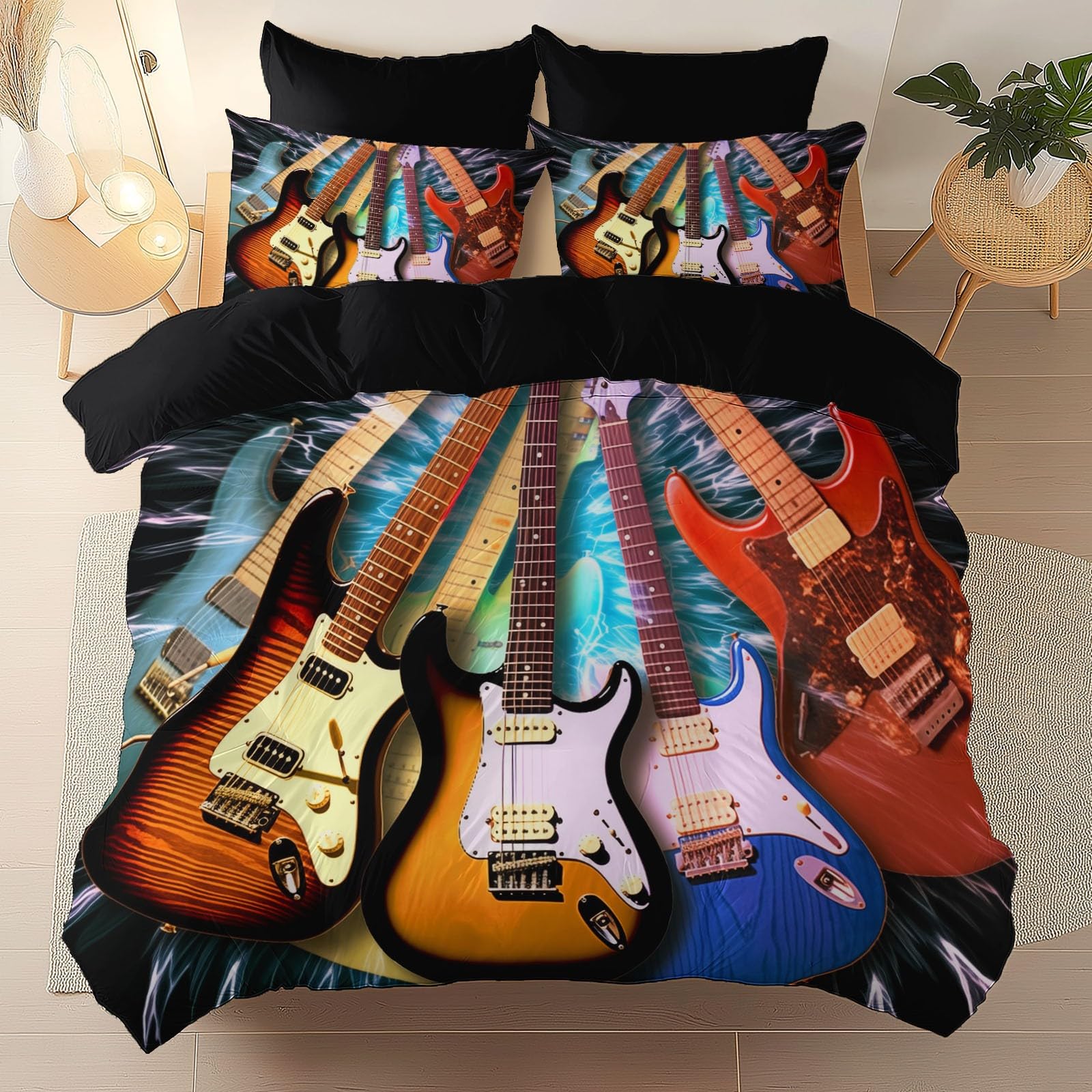 Housse de couette 240x260 noir microfibre imprimé musique et guitare réversible