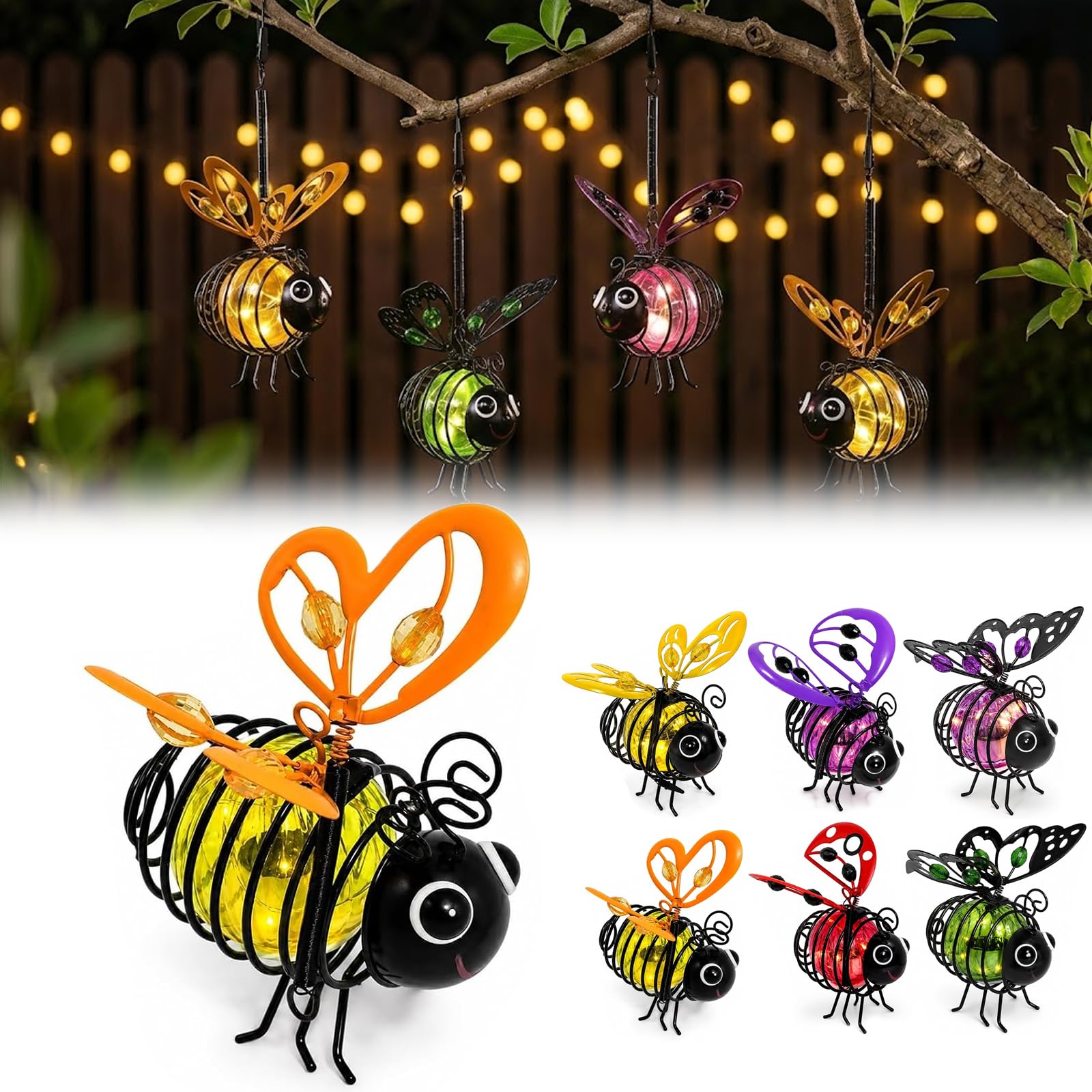 Solar-Powered Hanging Bee Light for Garden, Flicker-Free, Waterproof，Orange