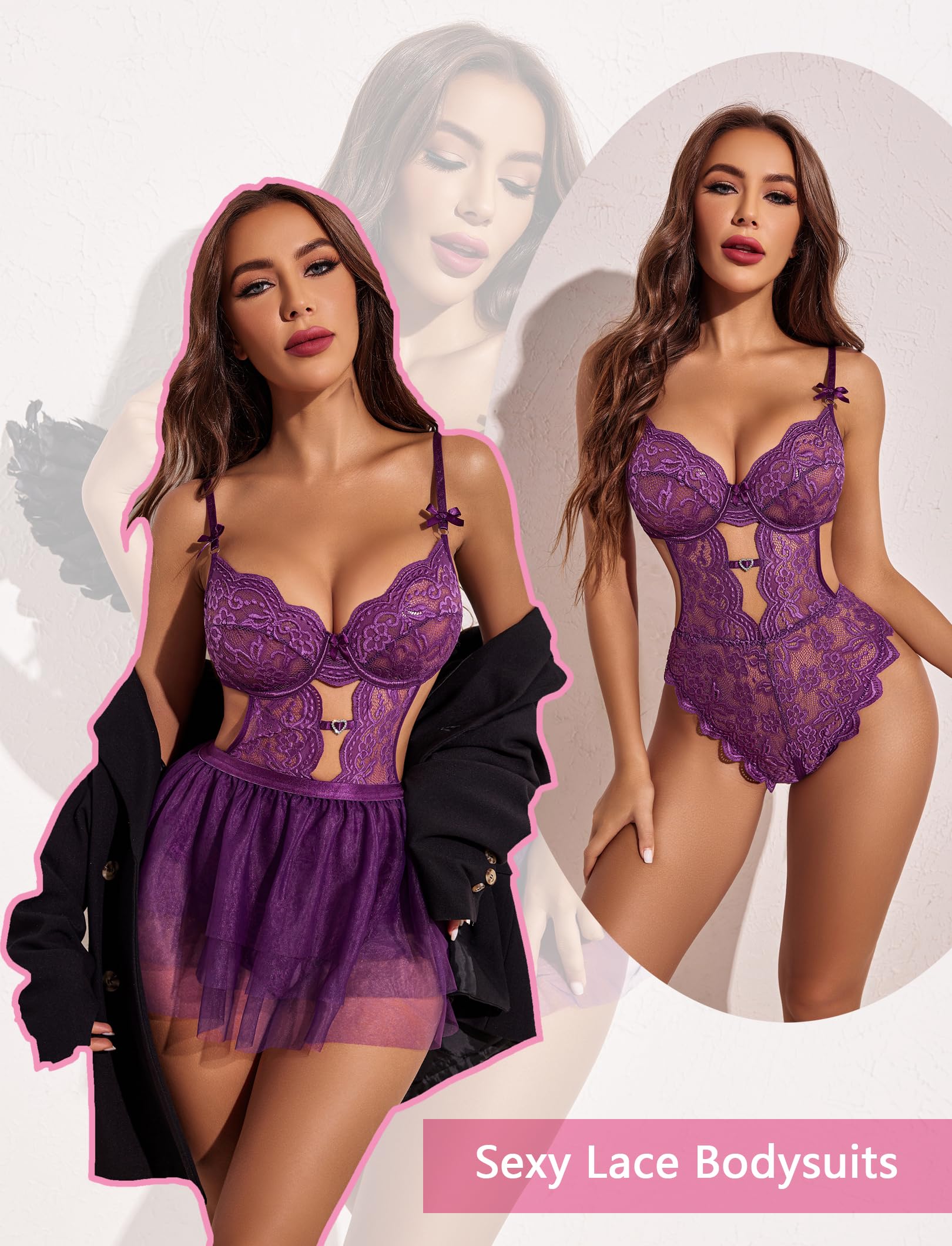 WBDWWTD Ensemble de Lingerie Sexy, Body à Armatures en Dentelle avec Mini-Jupe en Maille détachable, Lingerie Teddy Push Up