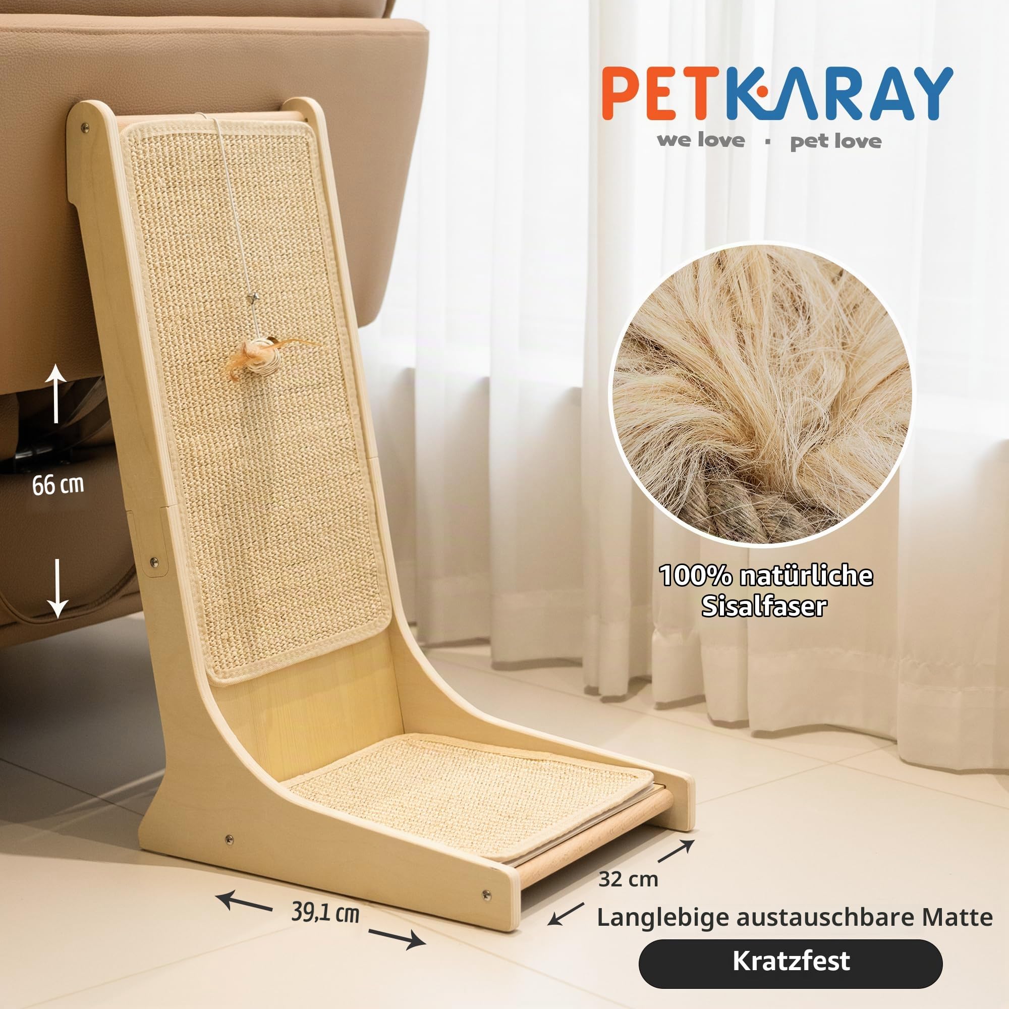 PETKARAY Sisal Kratzbrett Katze, 66 cm L-förmige Kratzbrett, 105° vertikale Kratzfläche, Kratzmöbel mit Katzenspielzeug, Katzenkratzbrett für Wand und Ecke