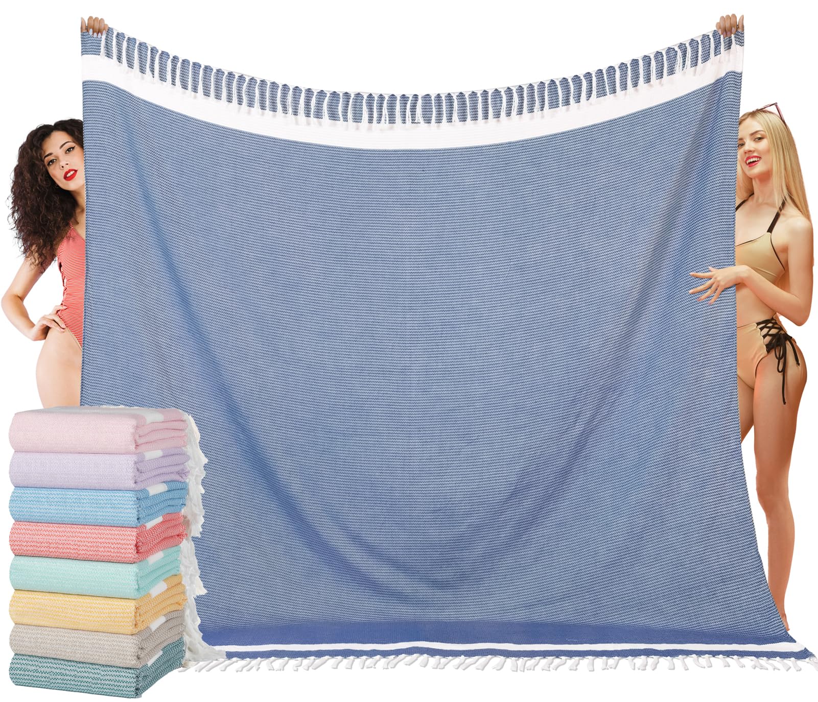 Oversized Turkish Beach Towel Blanket XXL Cotton Sandproof Towels Boho Woven Extra Large Big Sand Free Giant Throw Thick Blankets Huge Quilt XL Picnic Camping Necessities Cloud for Adult Gifts Blue