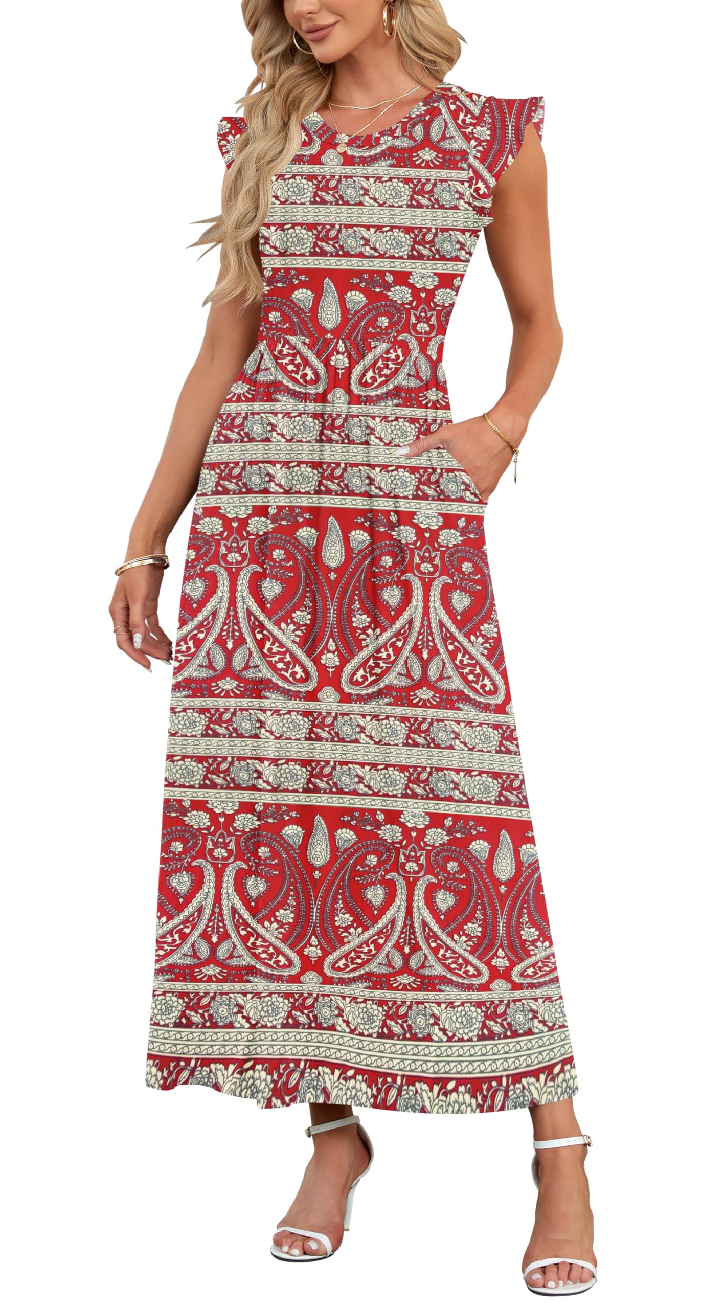 AUSELILY Sommer Maxikleider Dame mit Taschen Hohe Taille Lang Strandkleid | Elegante Blütenblatten Kurzarm Rundhals A Linie Abendkleider Freizeitkleid Sommerkleid Party Hochzeitsgäste Bodenlanger Rock