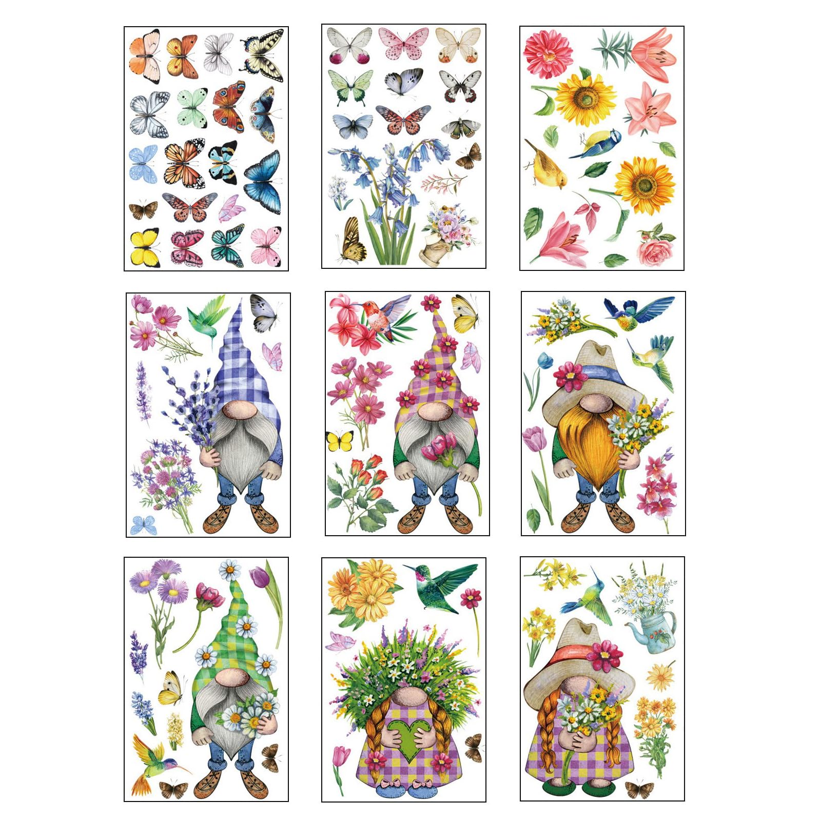 9 Sheets Spring Butterfly Flower Gnomes Window Sticker PVC Clings Set for Bedroom Living Room Window Decal Decoration Glass Sticker