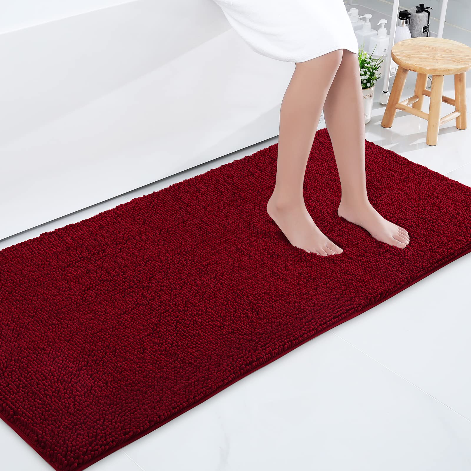 smiry Luxury Chenille Bath Rug, Extra Soft and Absorbent Shaggy Bathroom Mat Rugs, Machine Washable, Non-Slip Plush Carpet Runner for Tub, Shower, and Bath Room(59''x24'', Burgundy)