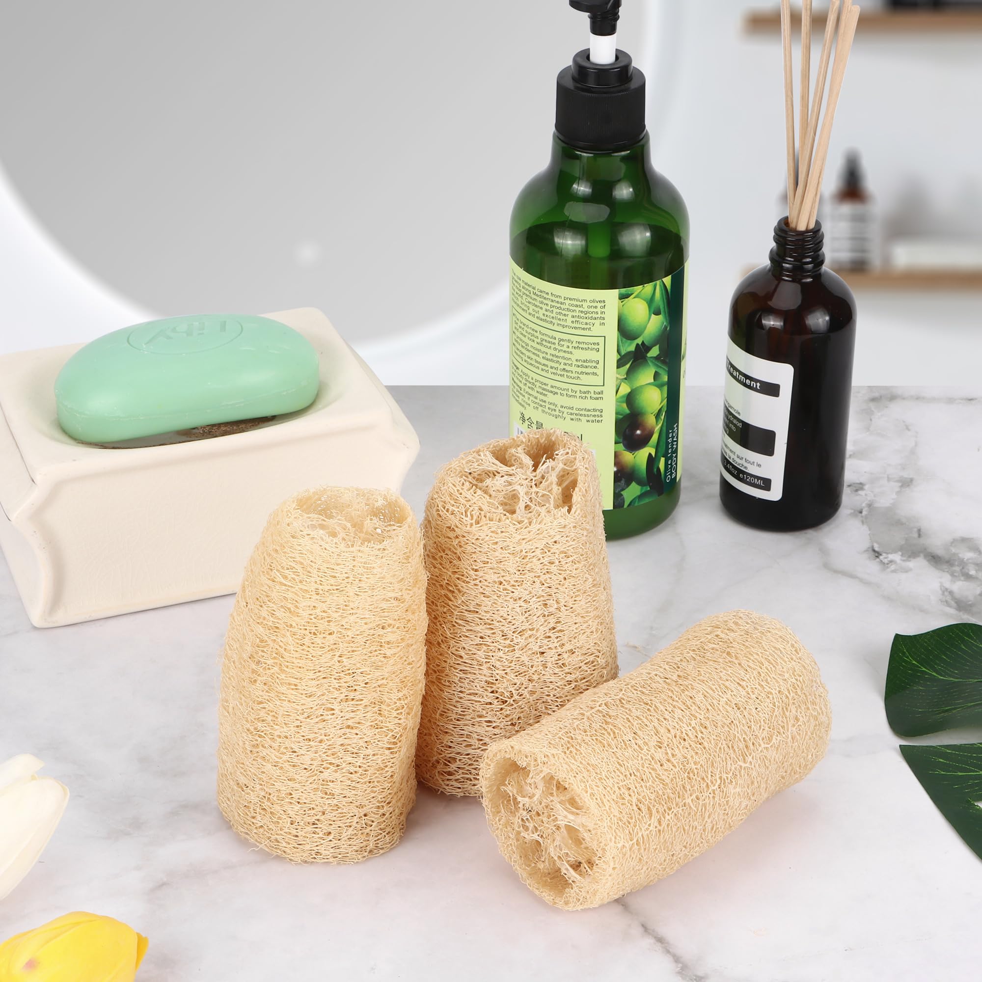 6 Pièces Loofah Naturel Entier, Éponge Loofah en Fibres Végétales Biodégradables pour Salle de Bain et Douche, Cuisine