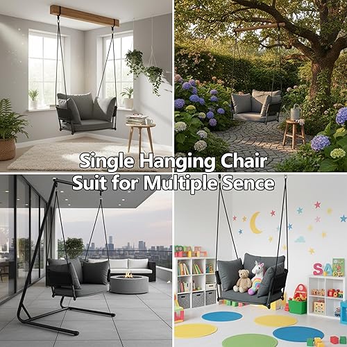 Miniatura 5 de Columpios colgantes para porche, silla columpio individual para exteriores, sillas hamaca para adultos, asiento de columpio de patio resistente con