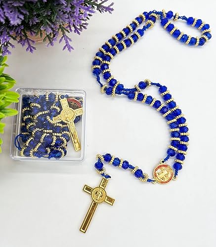 Miniatura 4 de Collar de rosario con medalla de San Benito con cristales azules, rosario católico y crucifijo de Jesús, regalos de oración para mujer
