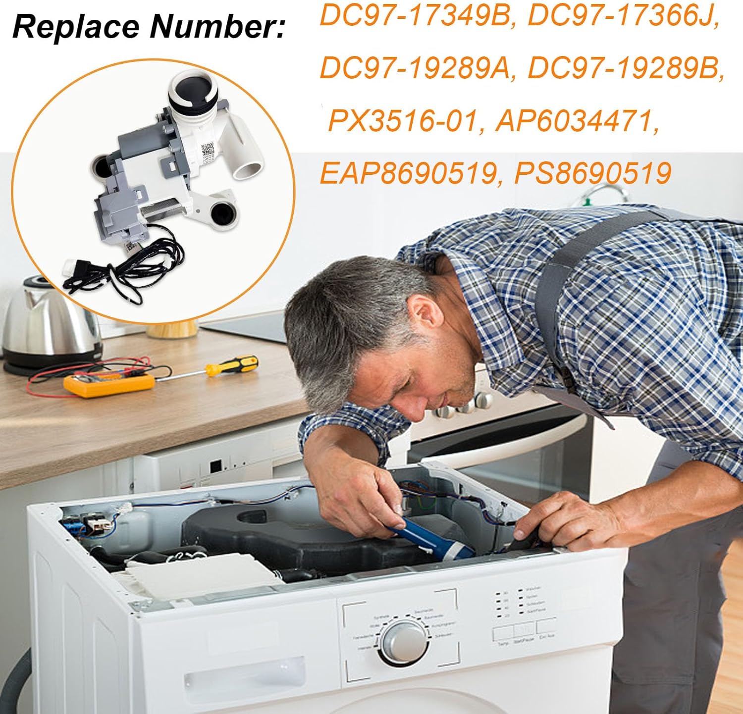 DC97-19289F PX3516-01 Washer Drain Pump Assembly Compatible with Samsung WA45N3050AW/A4, WA45H7000AP/A2, WA44A3205AW/A4, WA50M7450AW/A4, WA50F9A7DSP/A2, WA45M7050AW/A4, WA52M8650AW/A4 Drain Pump Motor