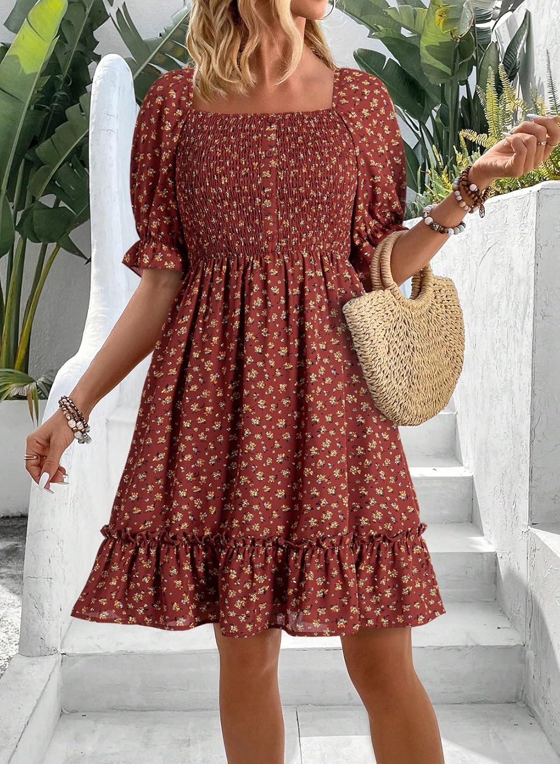 Dokotoo Womens Casual Summer Dresses Short Sleeve Square Neck Smocked Boho Floral Sundress Flowy A-Line Mini Dress - Image 2