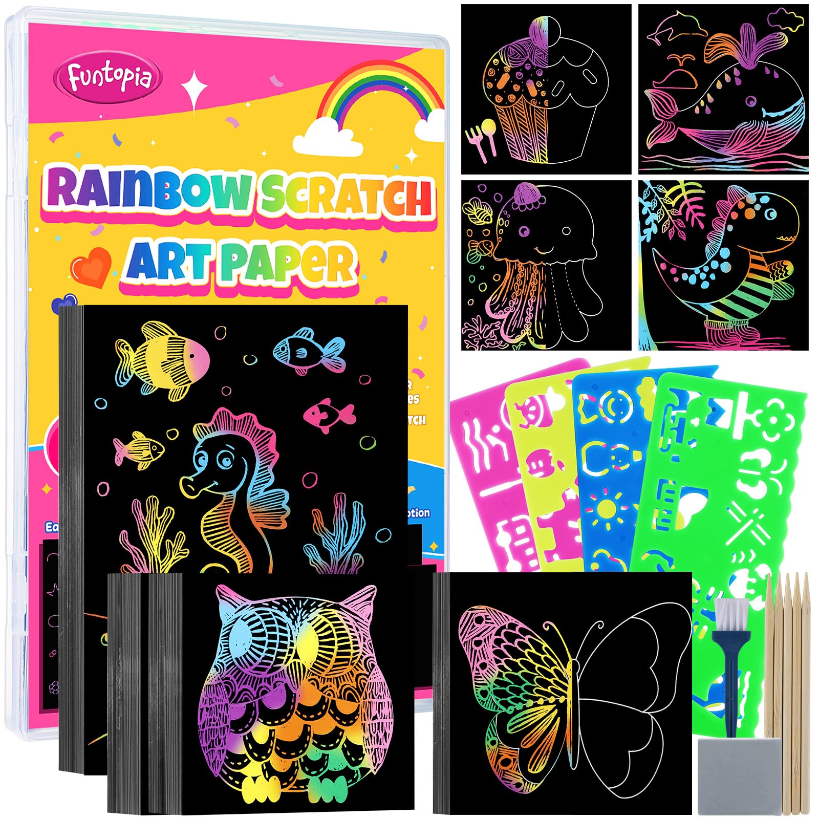 Funtopia 100 PCS Scratch Art for Kids, Rainbow Scratch Paper, Black Scratch Off Paper Craft Kits, School Art Supplies Classroom Prizes Travel Toys Birthday Party Gifts, for Boys Girls Ages 4-8 8-12