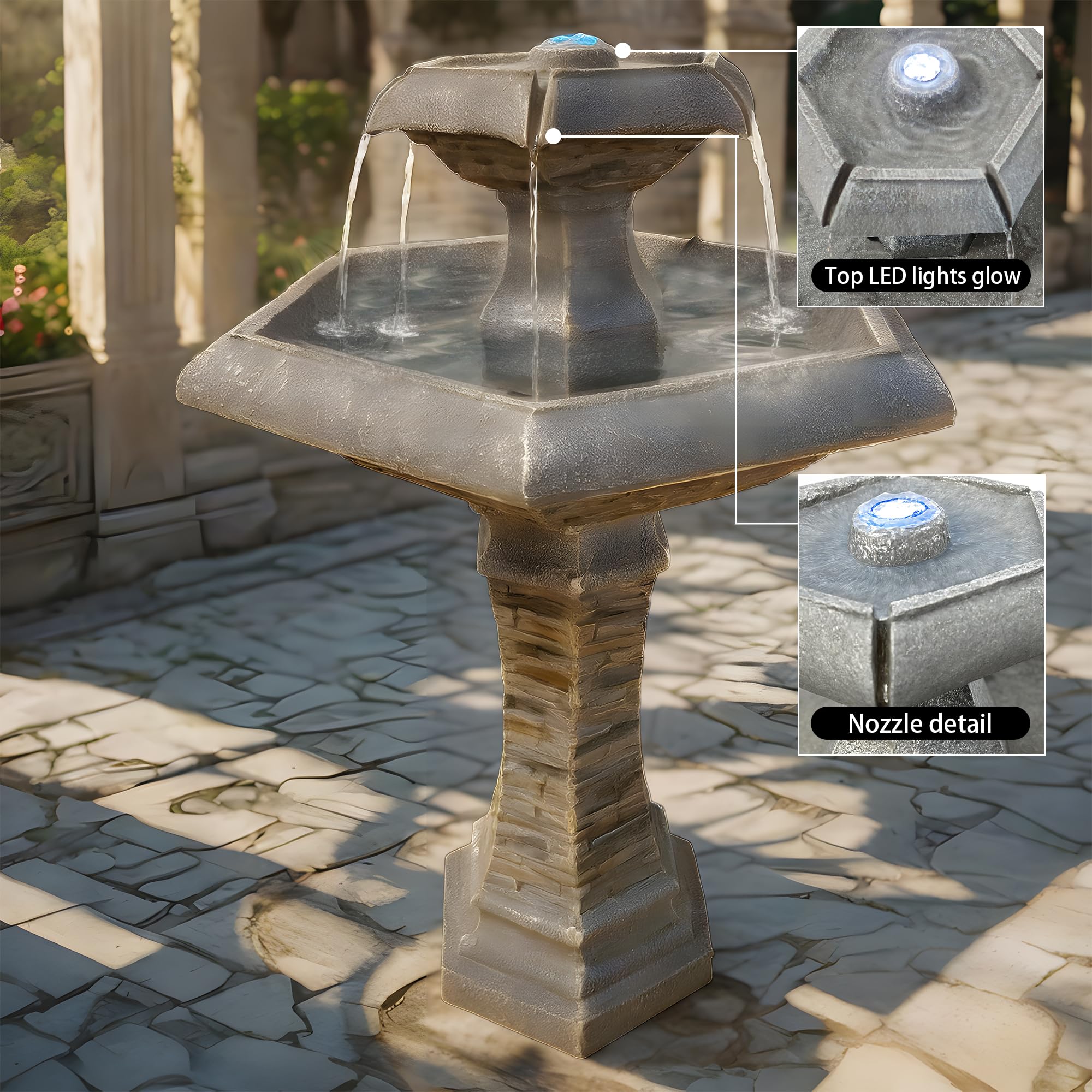 Köhko® Hexagon Elegance - Fuente de jardín con iluminación LED, cascada, bebedero para pájaros, decoración de jardín