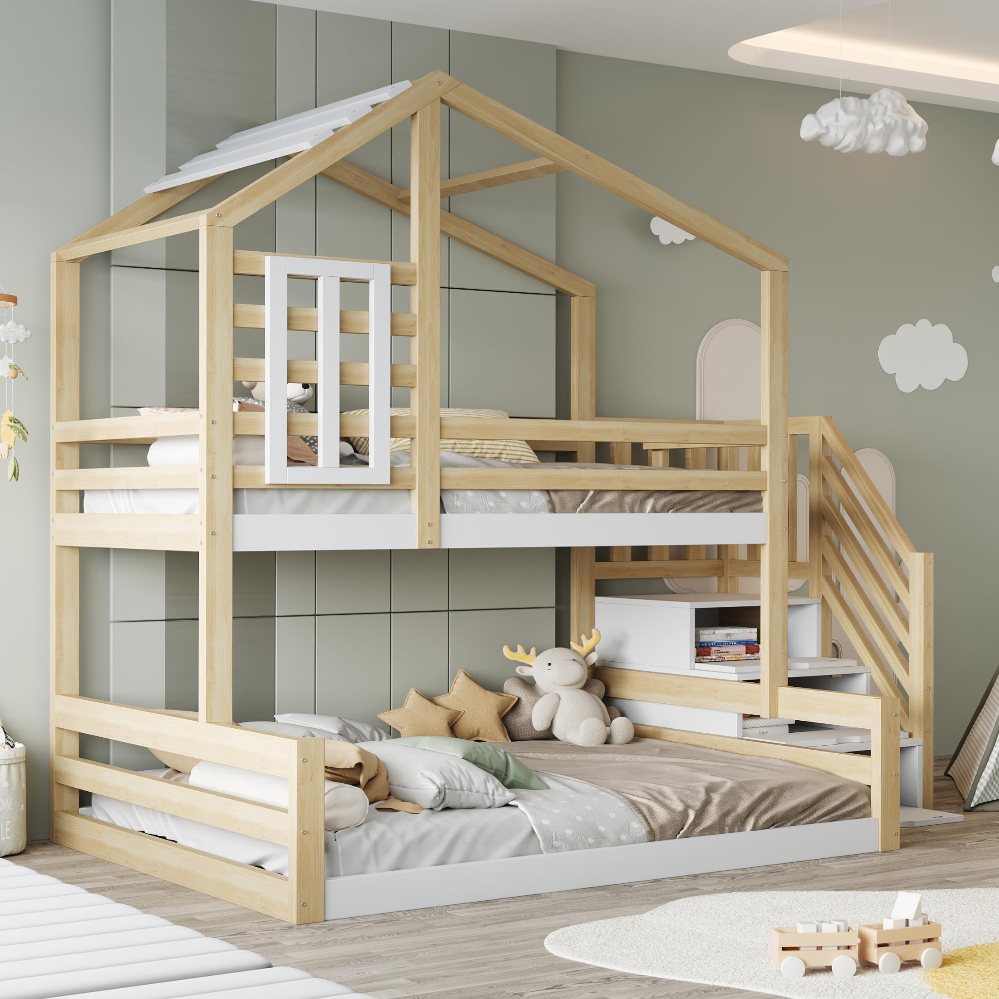 Etagenbett Kinderbett 90x200 & 140x200 cm, Hochbett Hausbett mit Treppe Stauraum und Fenster, Bett Bettgestell mit Lattenrost und Rausfallschutz, Holzbett für Kinder, Ohne Matratze, Natur