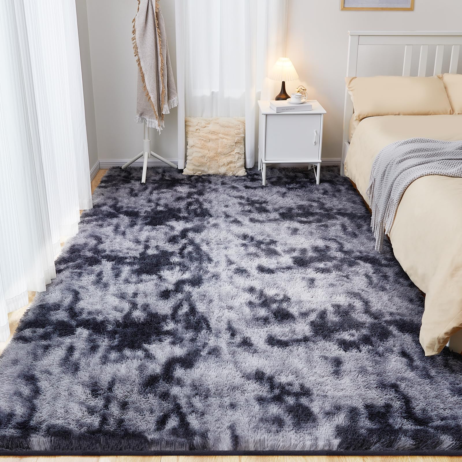 Puremy Wohnzimmer Teppich Flauschiger, Waschbar Anti-Rutsch & Hochflor Teppichen, Langflor Teppiche für Schlafzimmer & Kinderzimmer, Bettvorleger MatteTie-Dye Hellgrau, 80 * 150cm
