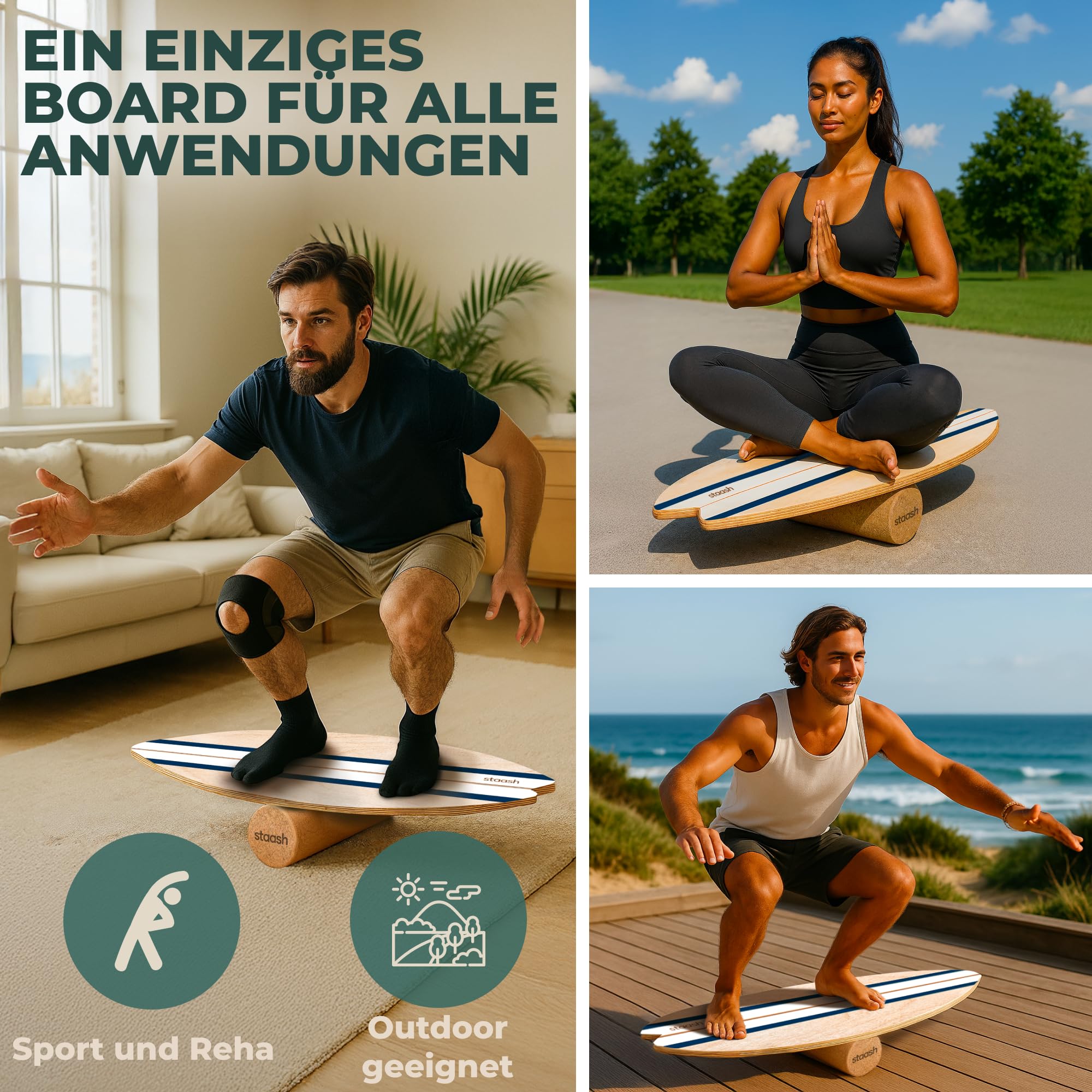 STAASH® Balance Board Holz – Pro Gleichgewichtstrainer inkl. Schutzmatte, Rolle, Halbkugel & Korkball + Videokurs – Indoor-Surfen & Stabilitätstraining