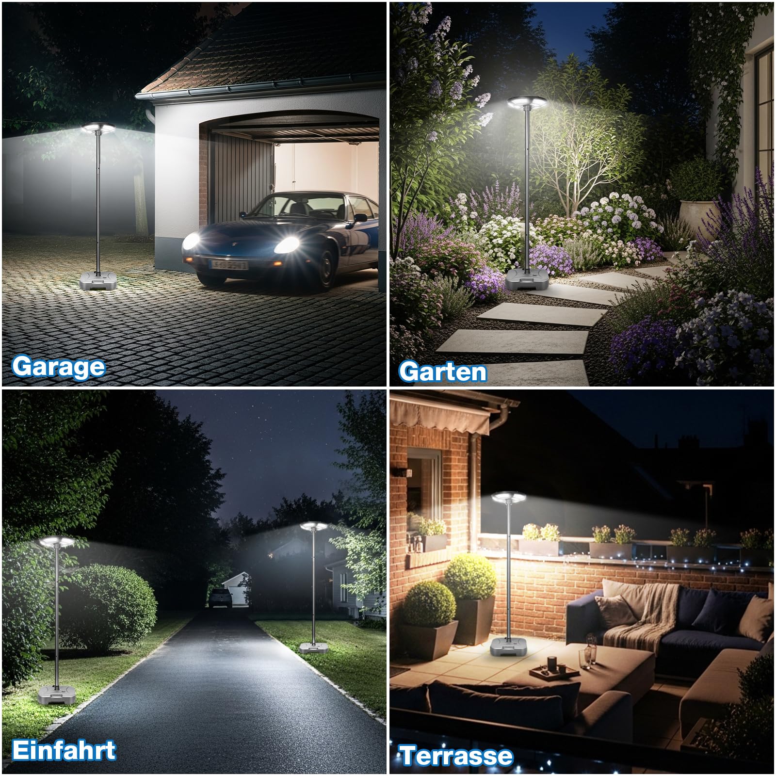 Lampada da strada solare per esterni, 750 SMD2835, 6500 K, IP67, impermeabile, con sensore di movimento, per cortile, garage, parcheggio, con base riempibile d'acqua