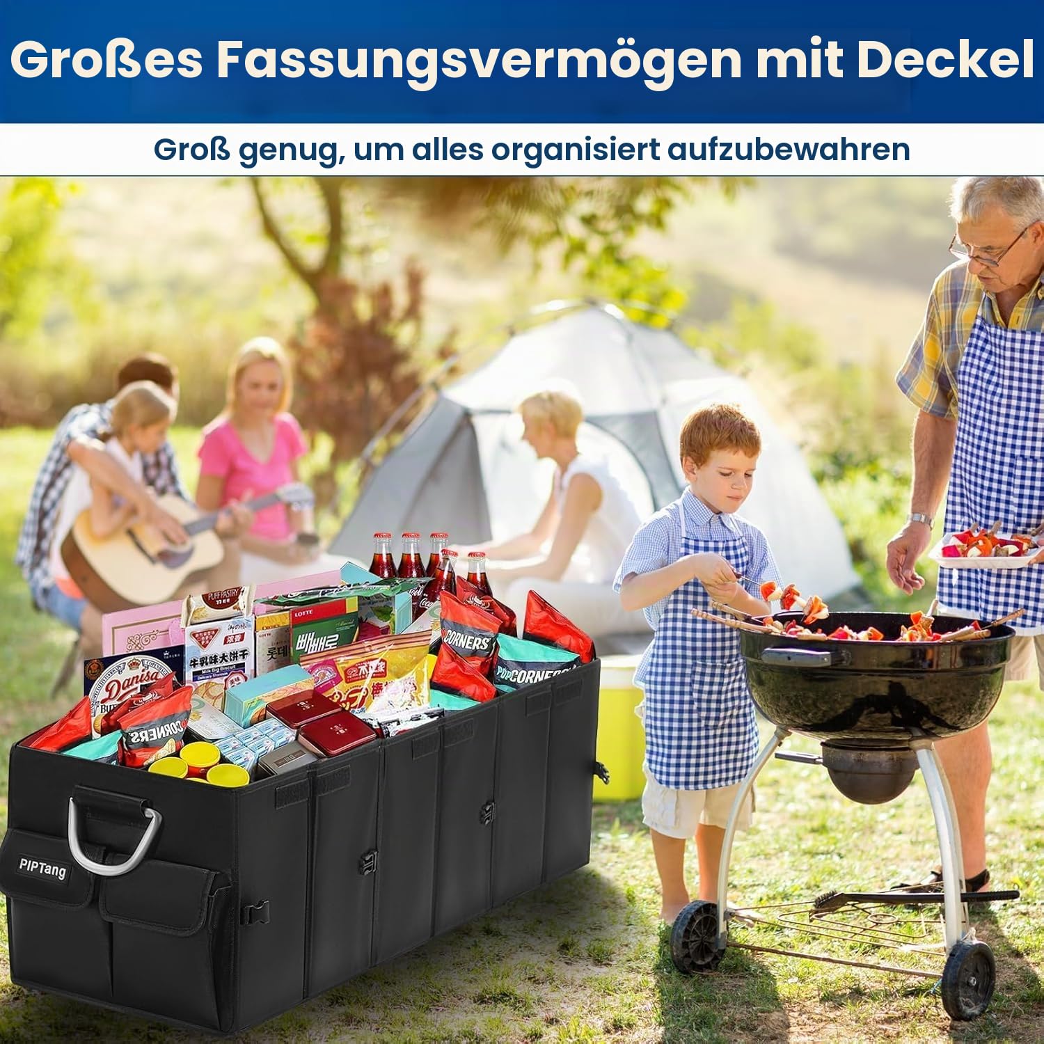 Faltbarer XXL Kofferraum Organizer 90cm – Auto Aufbewahrungsbox mit Verstärkten Aluminiumgriffen, Rutschfestem Boden & Mehreren Taschen – Kofferraumtasche für Auto, SUV & Van
