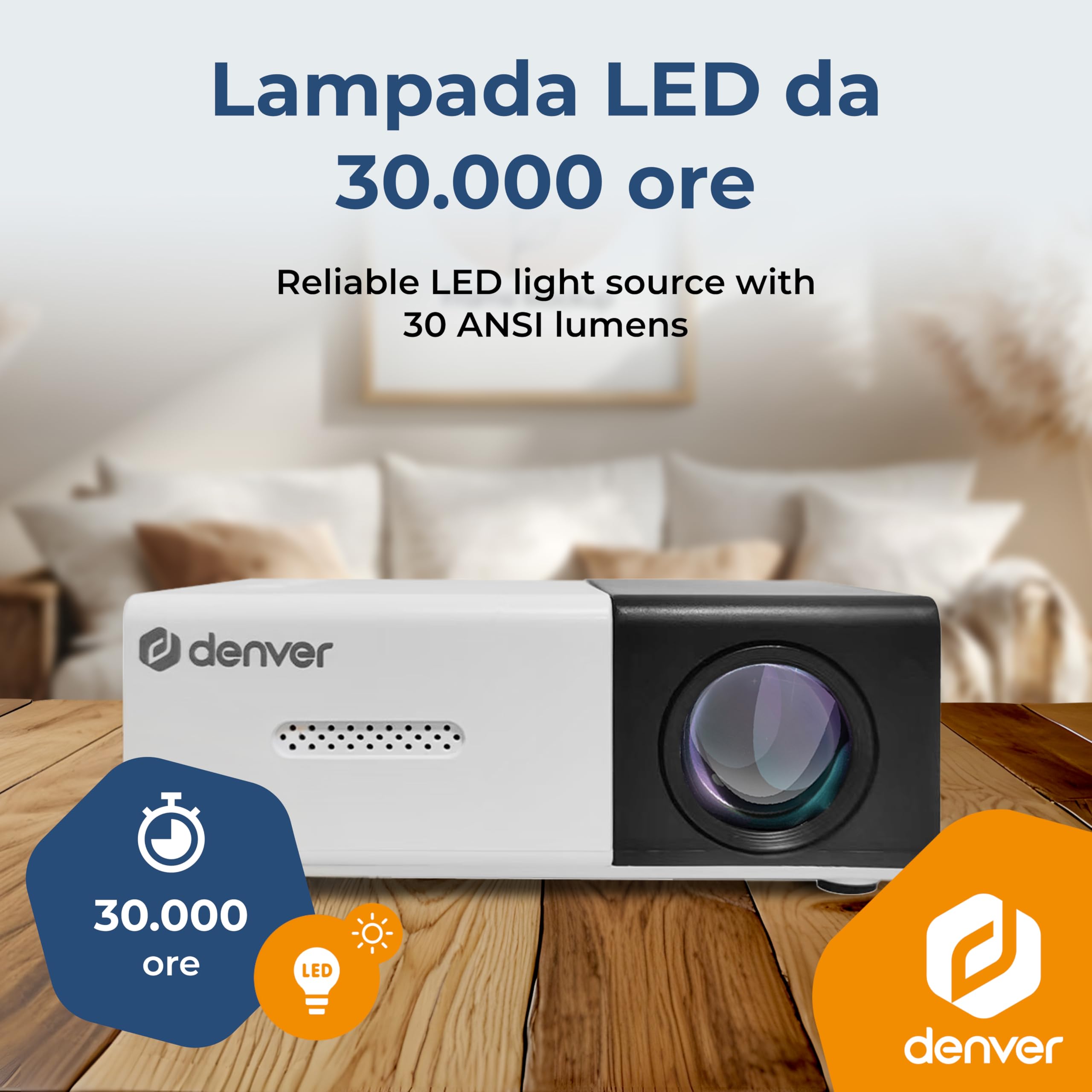 Denver PR-1000 Mini Proiettore LED Portatile Supporta Full HD 1080p con HDMI, USB-C e MicroSD, Proiettore Home Cinema Compatto 20-60 Pollici Dimensioni Schermo