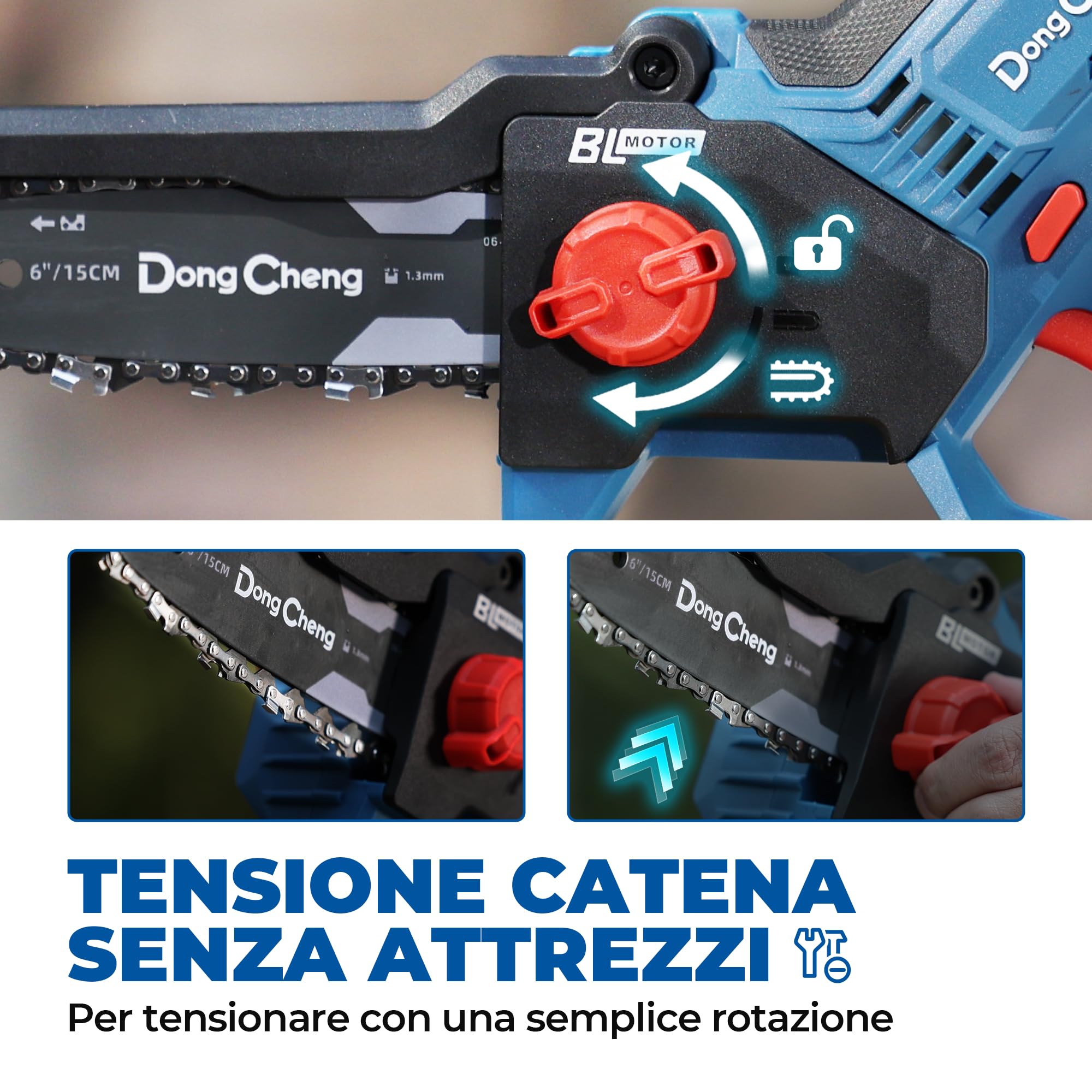 DongCheng Mini motosega a batteria per giardinieri e camperisti, motore brushless 750 W, 2 batterie 2000 mAh, 1,2 kg, mono mano, lama 15 cm, 8 m/s, tensionamento senza attrezzi e oliatore automatico