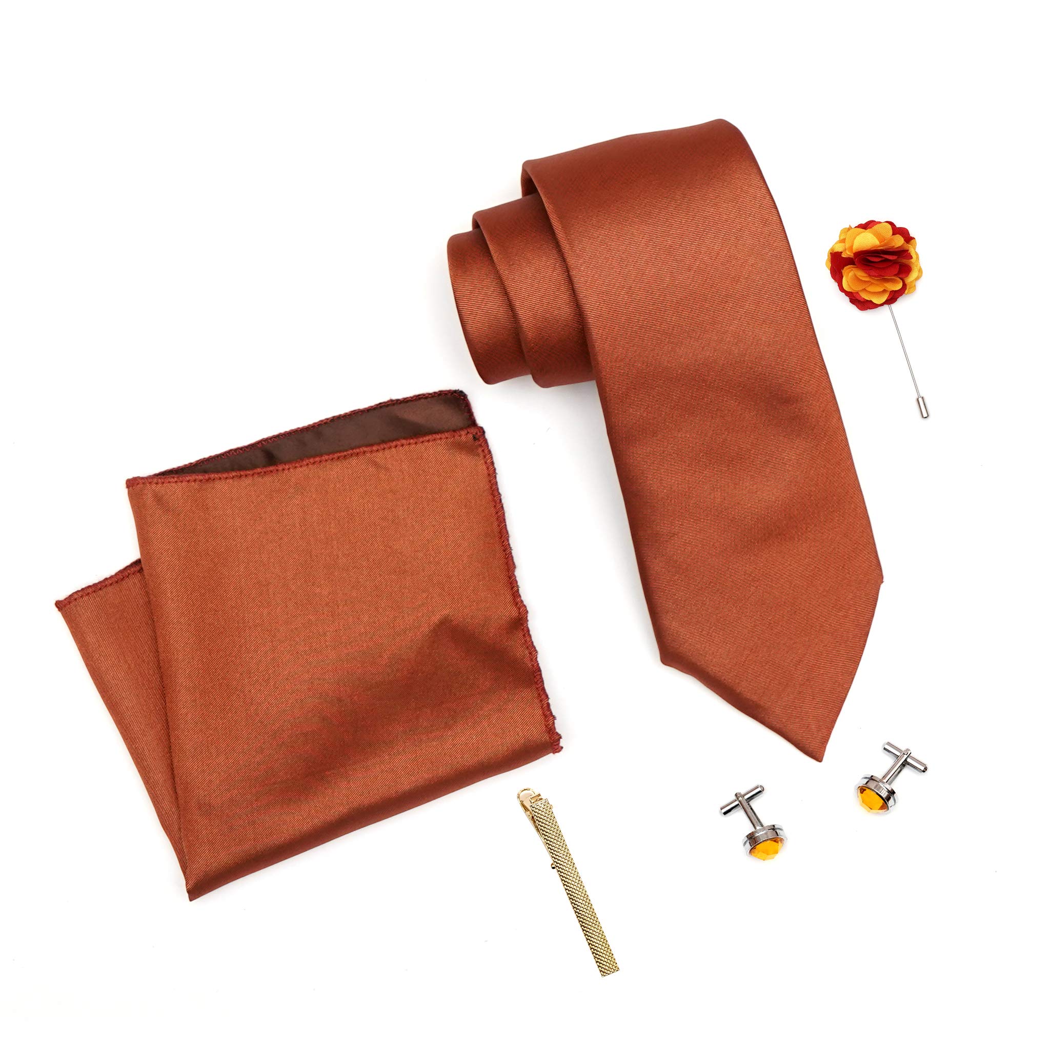 Mens Plaid Micro Self Silk Solid Orange Necktie Gift Set With Pocket Square Cufflinks Brooch Pin Men Tie Clip Formal Tie With Wooden Box For Gifting (RW_49, Free Size)-image-31