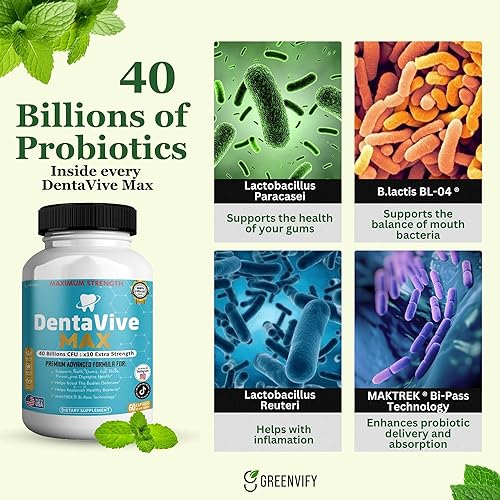 Miniatura 7 de Suplemento probiótico DentaVive Max, 40 mil millones de UFC, 60 cápsulas, apoyo de salud oral prémium para dientes, encías, salud digestiva (2)