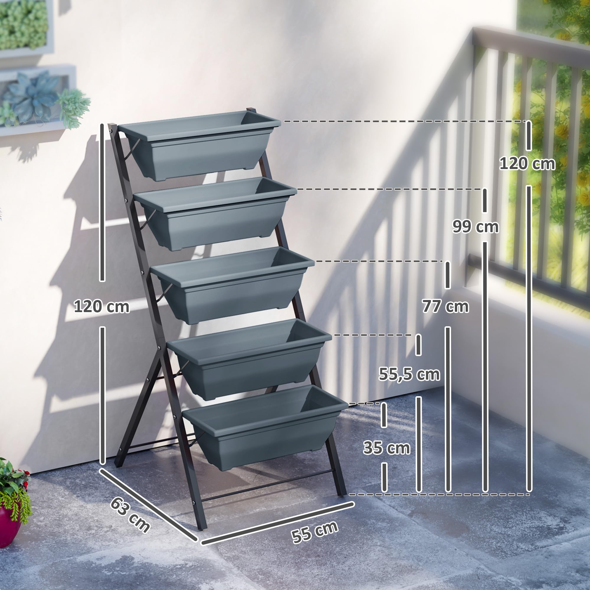 Outsunny Jardinière Surélevée avec Étages Verticale Cadre en Acier Gris | 5 Bacs à Fleurs, Trous de Drainage avec Bouchons en Caoutchouc, Escalier pour Plantes, Légumes, Herbes