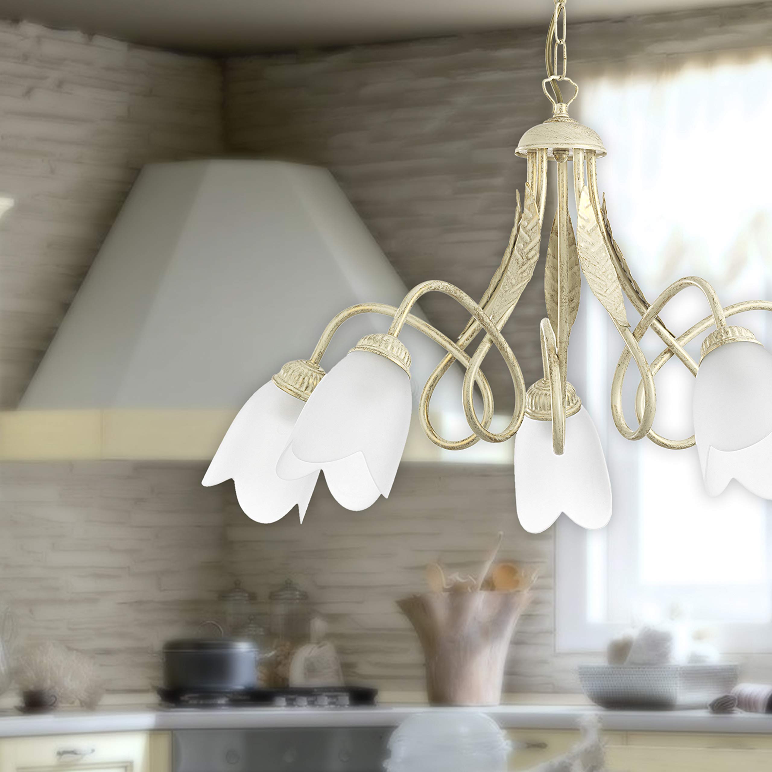 Lampadario 5 Luci Stile Classico In Ferro Battuto - Color Avorio E Vetro Satinato Per Cucina E Camera - Foto 3