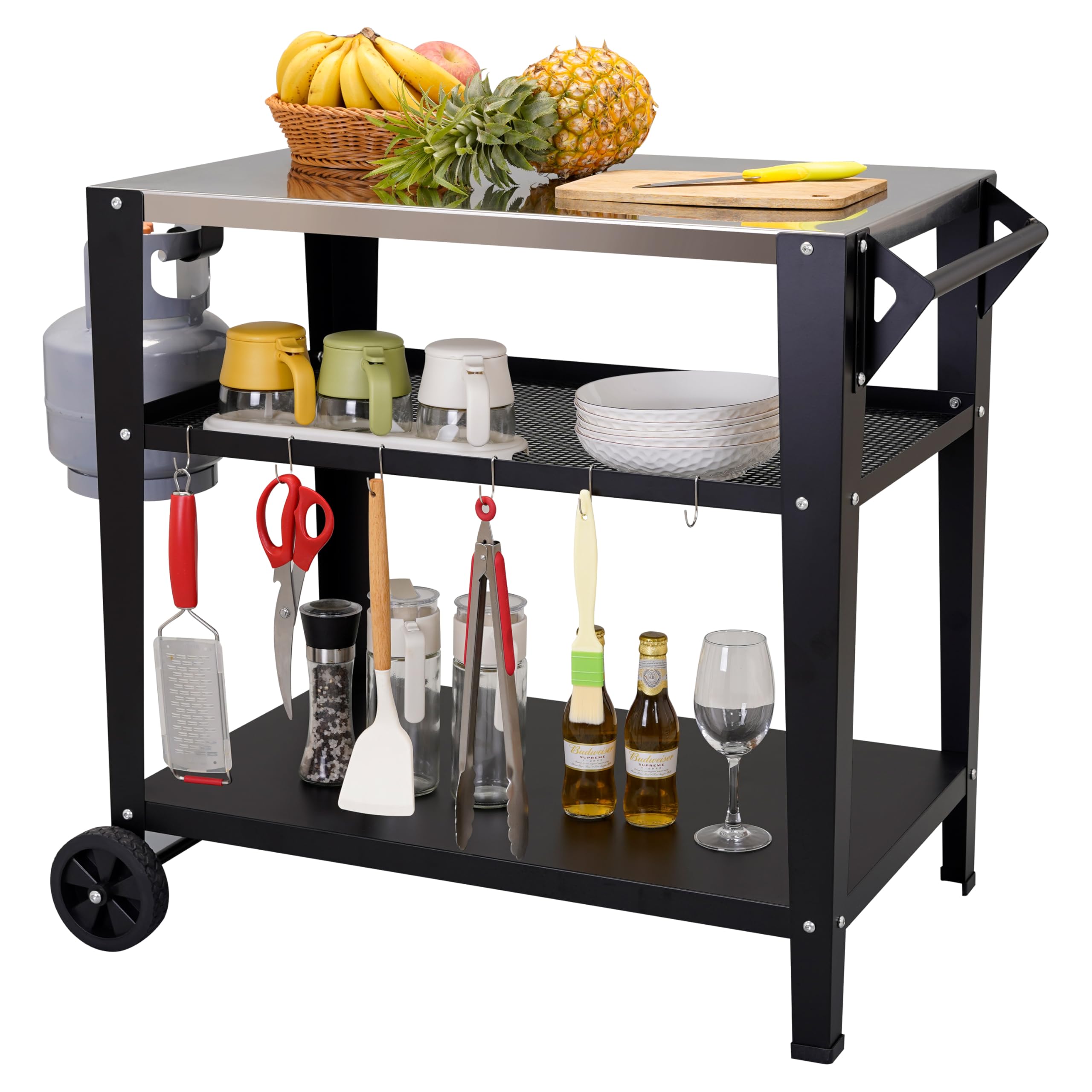 Stainless Steel Outdoor Grill Cart with Wheels, Heavy-Duty 3-Tier BBQ Prep Table for Pizza Oven, Griddle, Patio – Rustproof Commercial Kitchen Cart with Tool Hooks