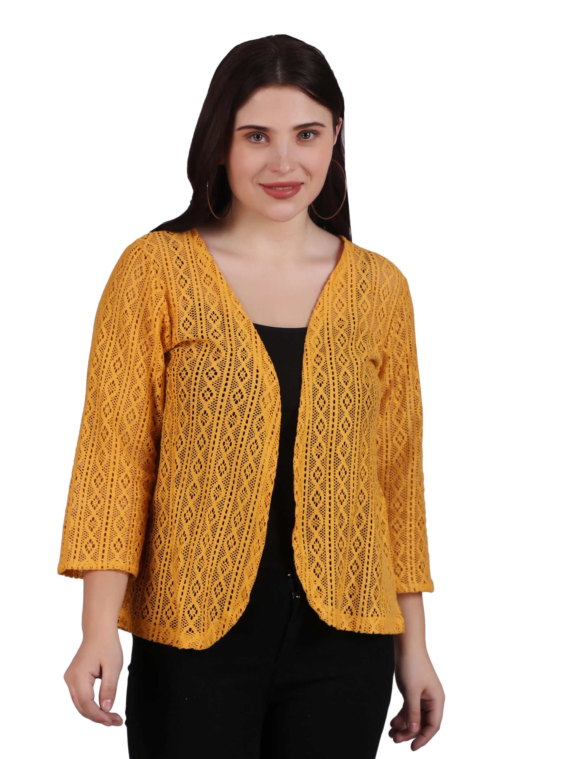dressitude Women Self Design Cotton Lace 3/4th Sleeve Blazer Shrugs | Front Open, No Closure | Mustard-picture-34