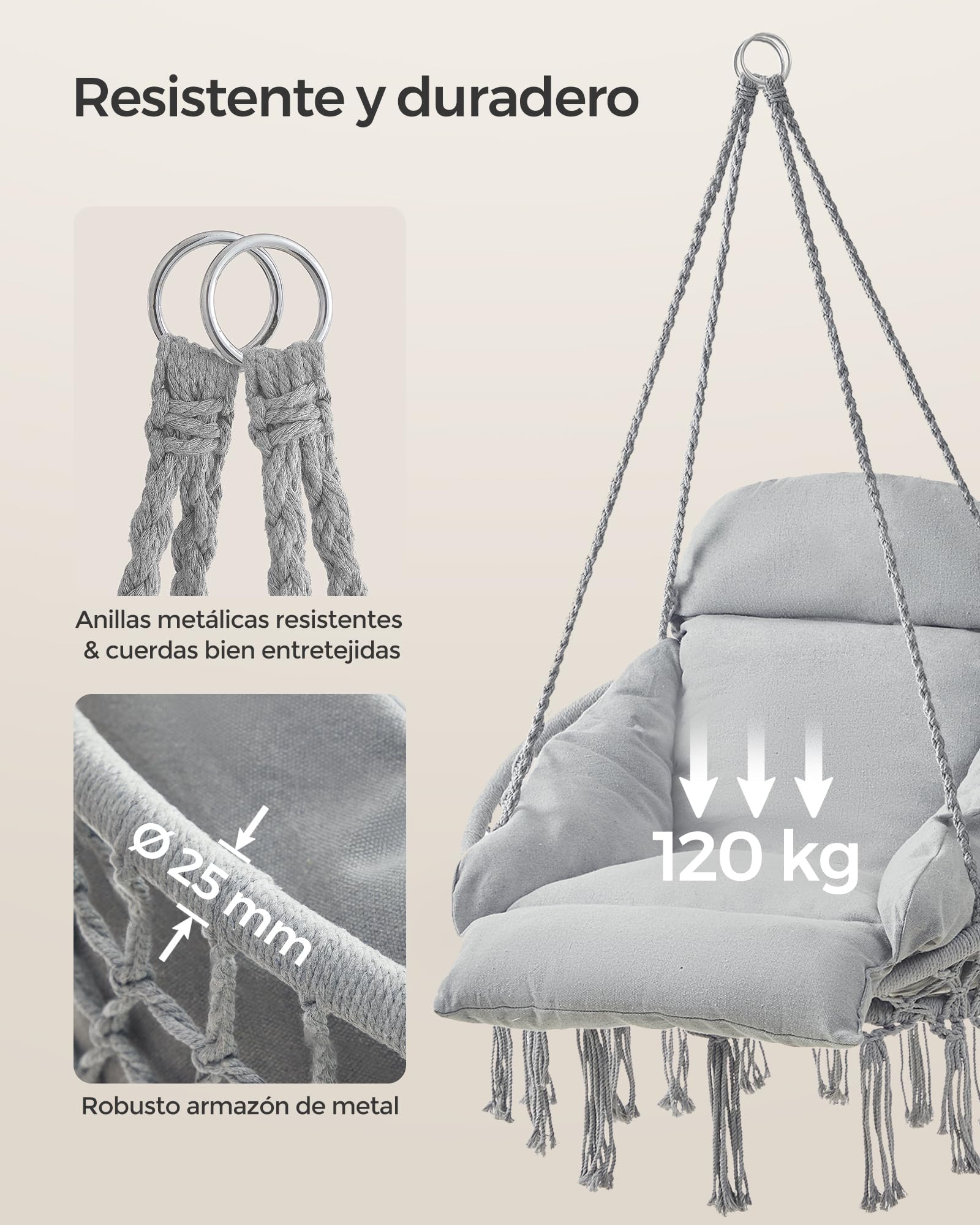 SONGMICS Hamaca Silla, Silla Colgante, Cojín Grande y Grueso, Boho para Dormitorio, Balcón, Jardín, Sala de Estar, Soporta hasta 120 kg, Incluyen Accesorios, Gris Paloma GDC042G11V3