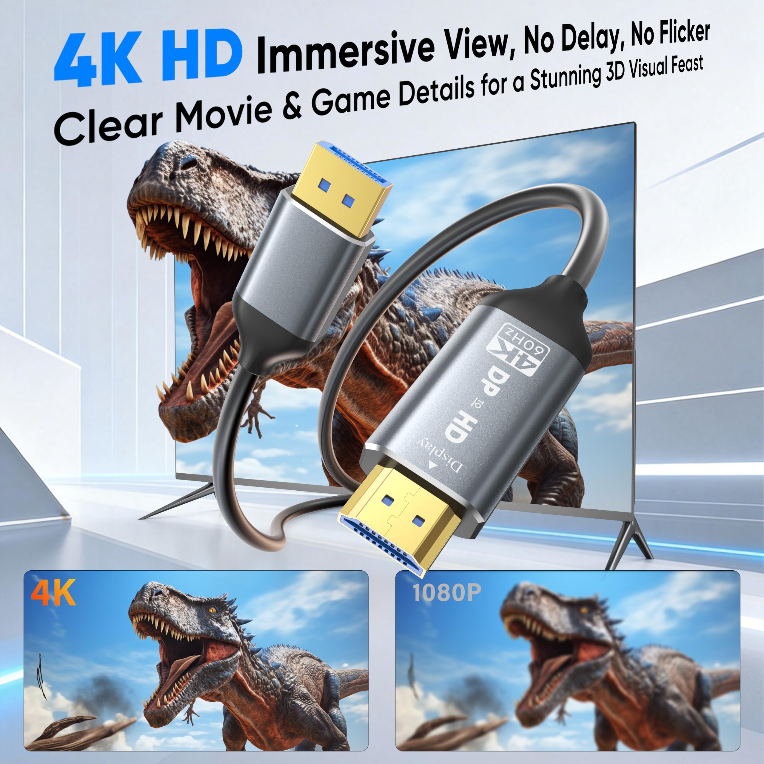 Confezione da 5 cavi da DisplayPort a HDMI 4K a 60 Hz, 304,8 cm, cavo adattatore passivo unidirezionale da DisplayPort a HDMI, da maschio a maschio, DP 1.2 a HDMI 2.0, per monitor, PC, laptop, GPU