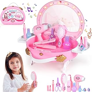 BETTINA Toddler Vanity - Portable Kids Vanity Set with Mirror & Makeup Accessories, Lights and Music, Makeup Kits Princess Toys for Girls Aged 3+