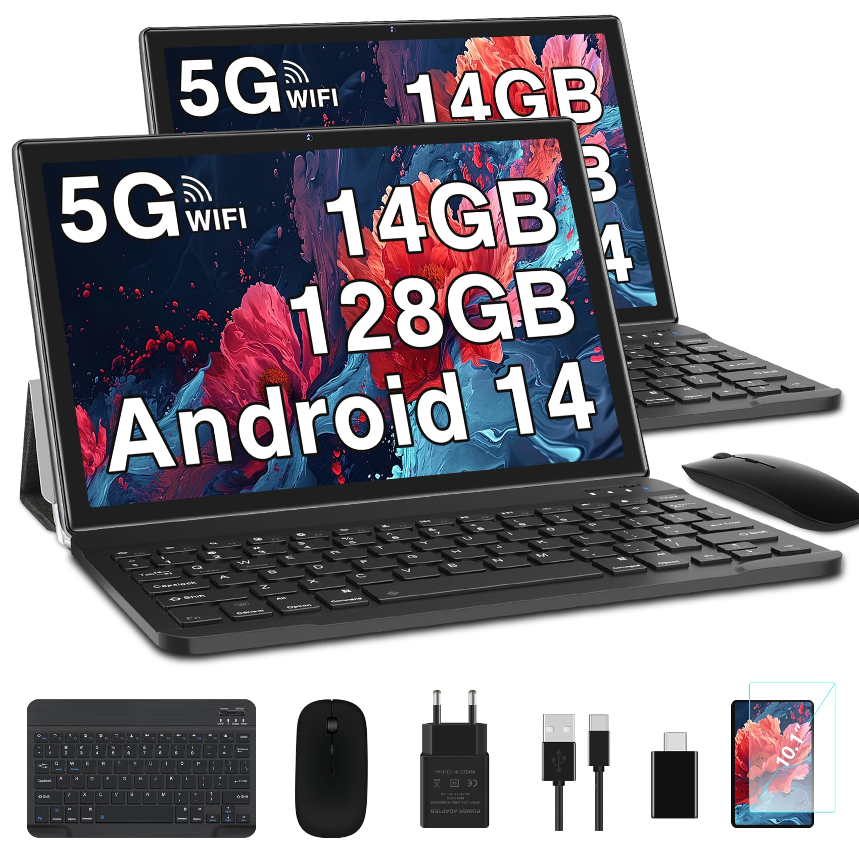 GOODTEL 2024 Newest Tablet 10 Pollici 14GB RAM+128GB ROM (1TB TF),Android 13 Tablets,5G + 2.4G WiFi,Bluetooth 5.0,GPS,Batteria 8000mAh,GMS,8MP+5MP,Tablet PC con Custodia,Tastiera e Mouse,Nero