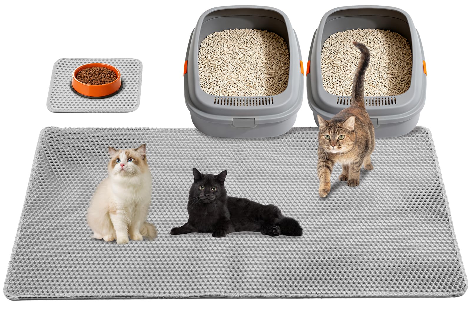 Senyoson Cat Litter Mat 47"x26.5" Extra Large & 12"x12" Small, Double Layer Waterproof Trapping Mat for Home Travel, Non-Slip & Urine-Proof, Soft on Paws, Hold 2-3 Litter Boxes, XXL, 2-Pack(Grey)