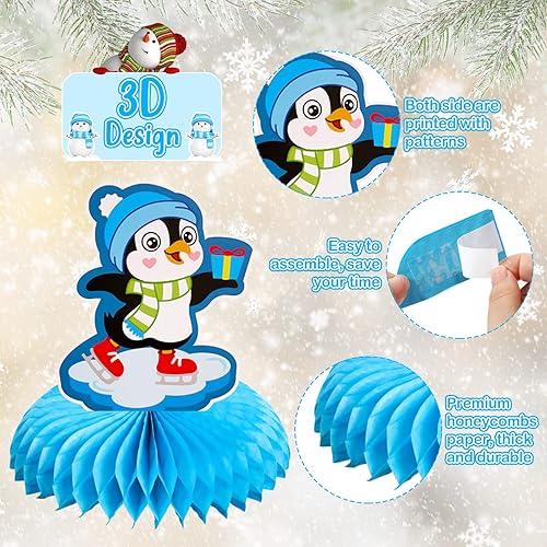 Miniatura 2 de Thenshop 7 piezas de centros de mesa de pingüino de panal de abeja lindos animales polares, decoración de mesa de invierno 3D de Navidad para