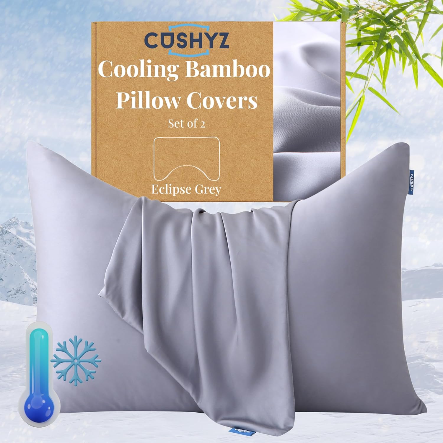 Cooling Pillow Covers for Curved Pillows – Queen 2-Pack 28x20 Eclipse Grey – Moon-Shaped Zippered Pillowcases, 100% Rayon Derived from Bamboo, Ultra-Soft, Silky, Breathable, & Wrinkle‑Resistant